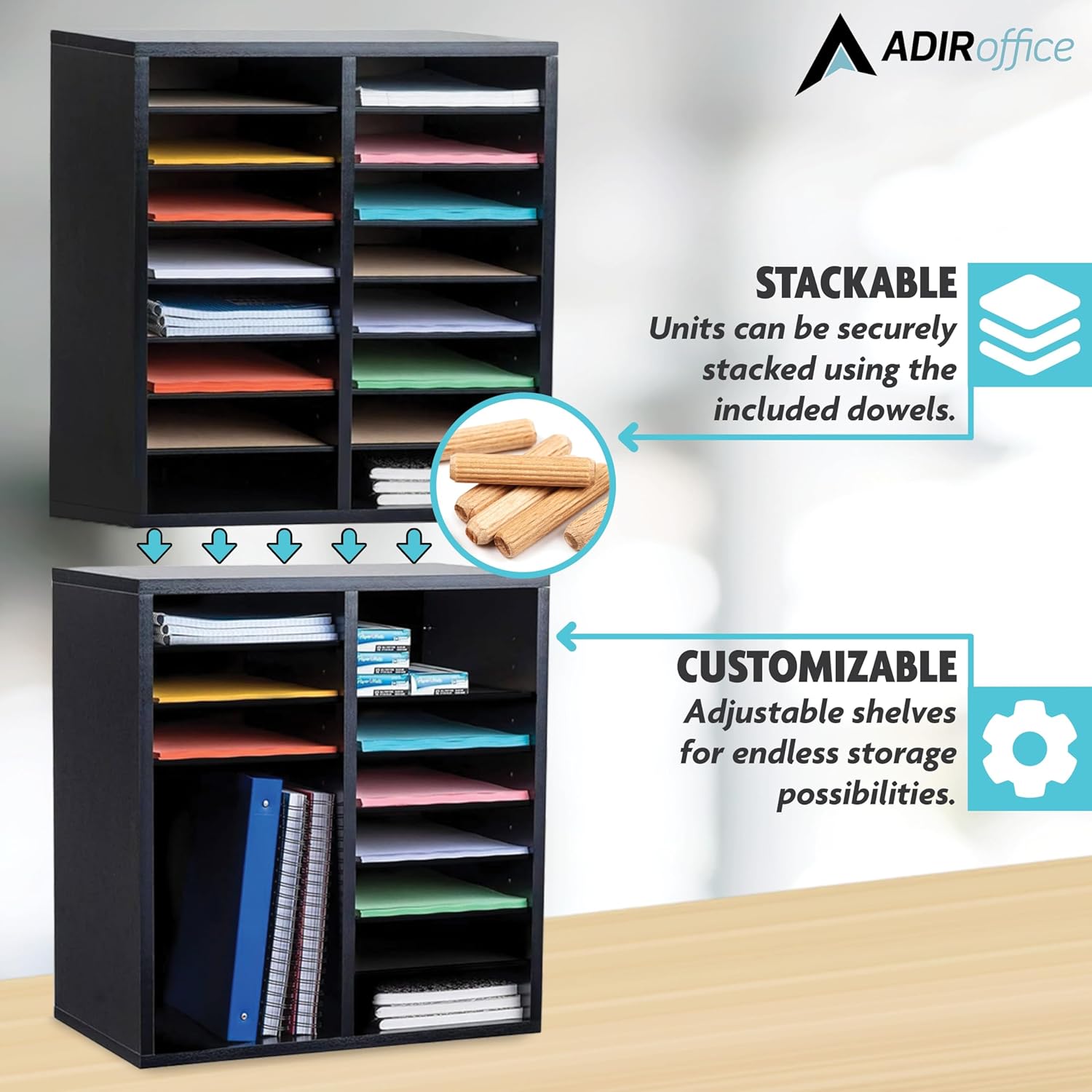 16-Compartment Wood Adjustable Paper Sorter Literature File Organizer, Black