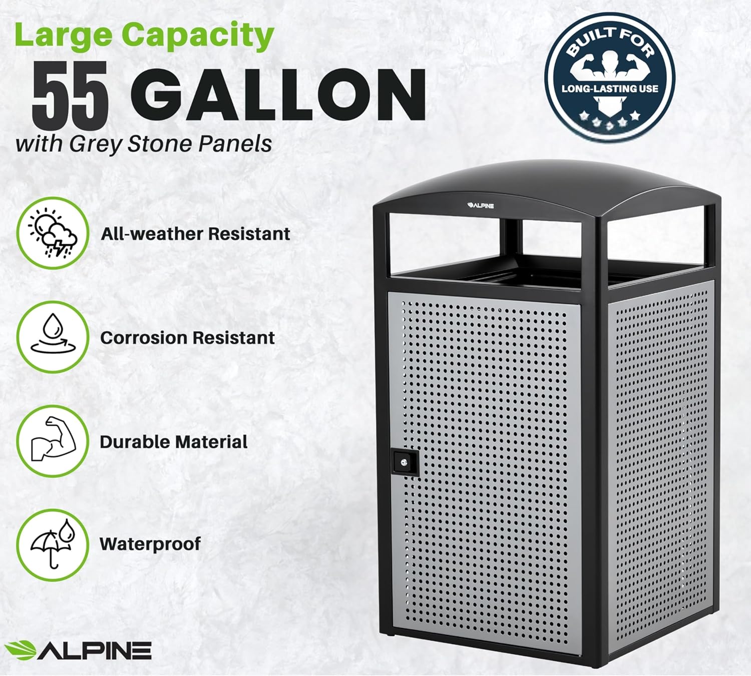 Alpine Industries Rugged 55-Gallon All Weather Trash Container with Door - Steel Panels