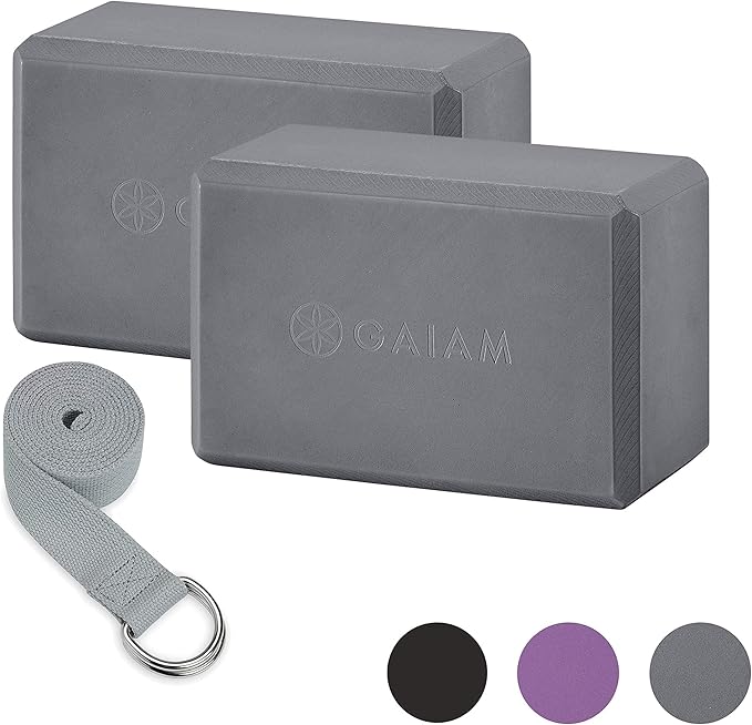Gaiam Yoga Block - Supportive Latex-Free Eva Foam - Soft Non-Slip Surface with Beveled Edges for Yoga, Pilates, Meditation - Yoga Accessories for Stability, Balance, Deepen Stretches - Grey 2pk/Block/Strap Combo
