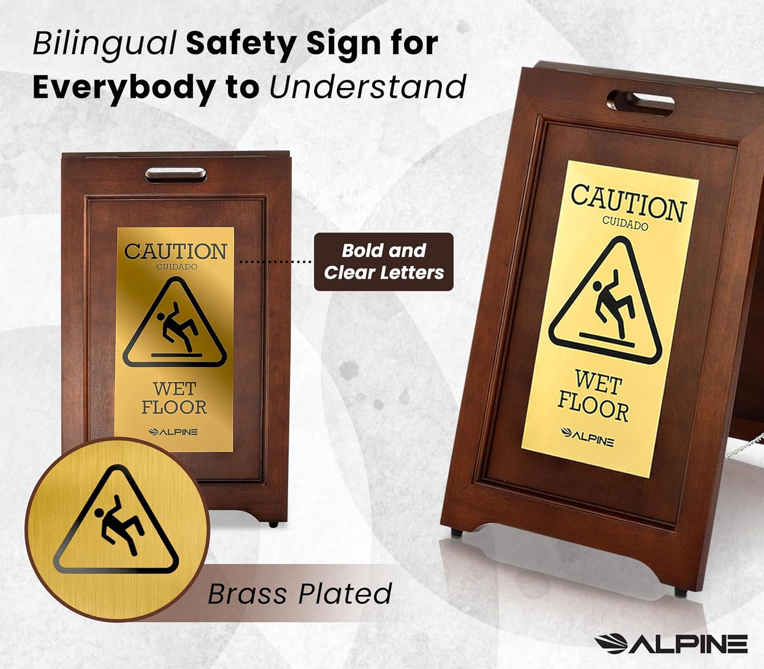24 in. 2-Sided Brass Plated Wooden Bilingual Wet Floor Sign 2 Pack