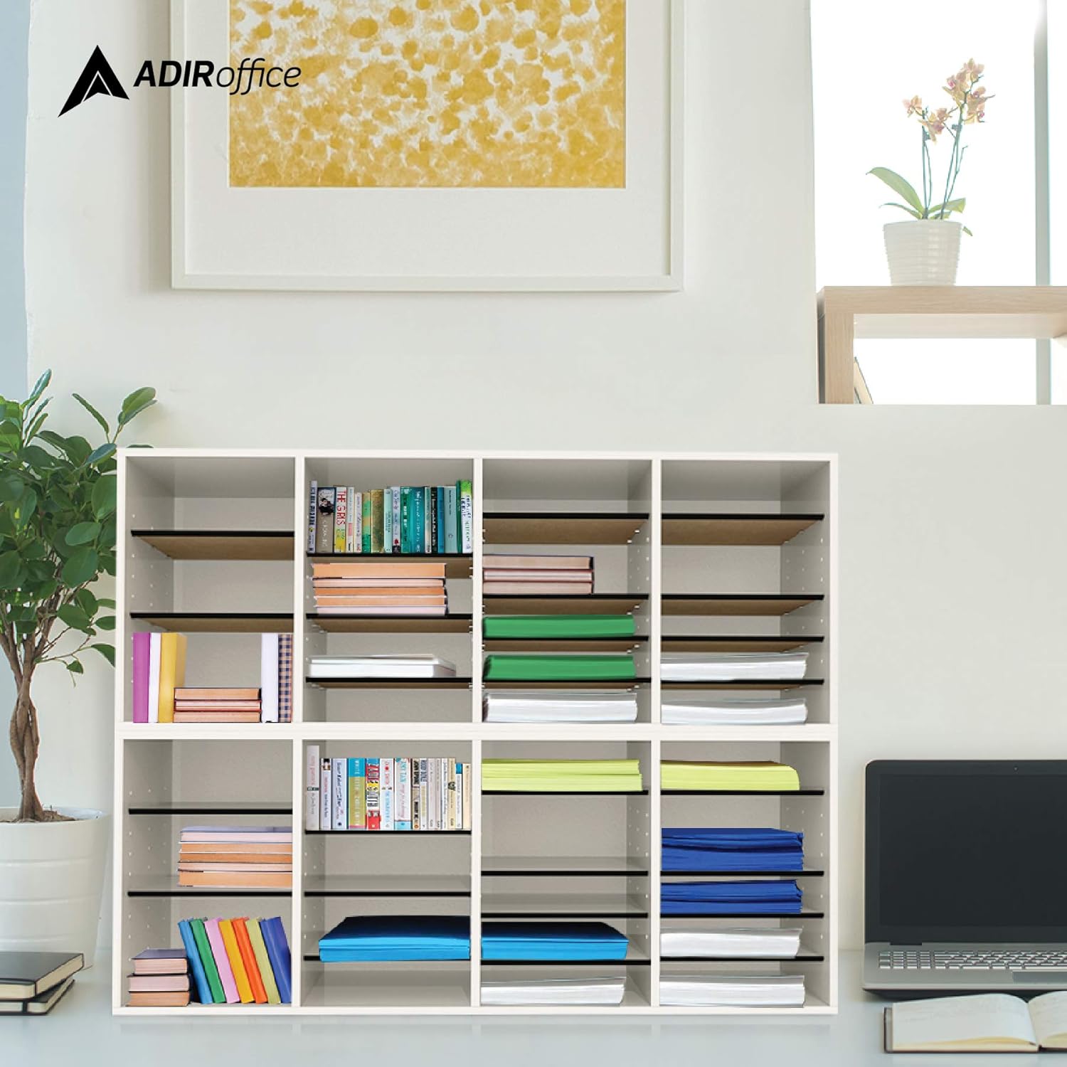 24-Compartment Wood Adjustable Paper Sorter Literature File Organizer, White