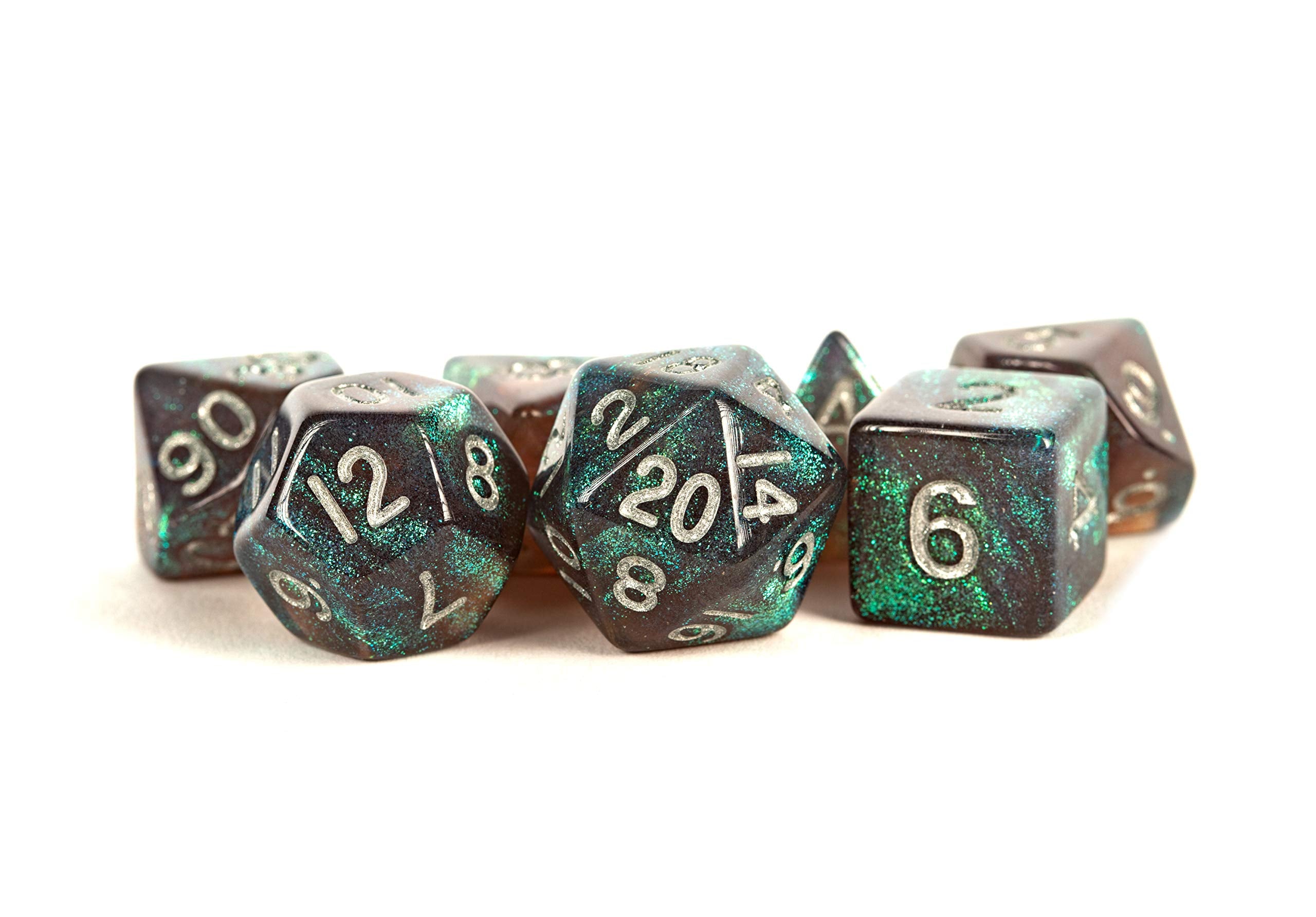 Metallic Dice Games Grey Stardust Resin Dice with Silver Numbers 16mm (5/8in) 7-Dice Set