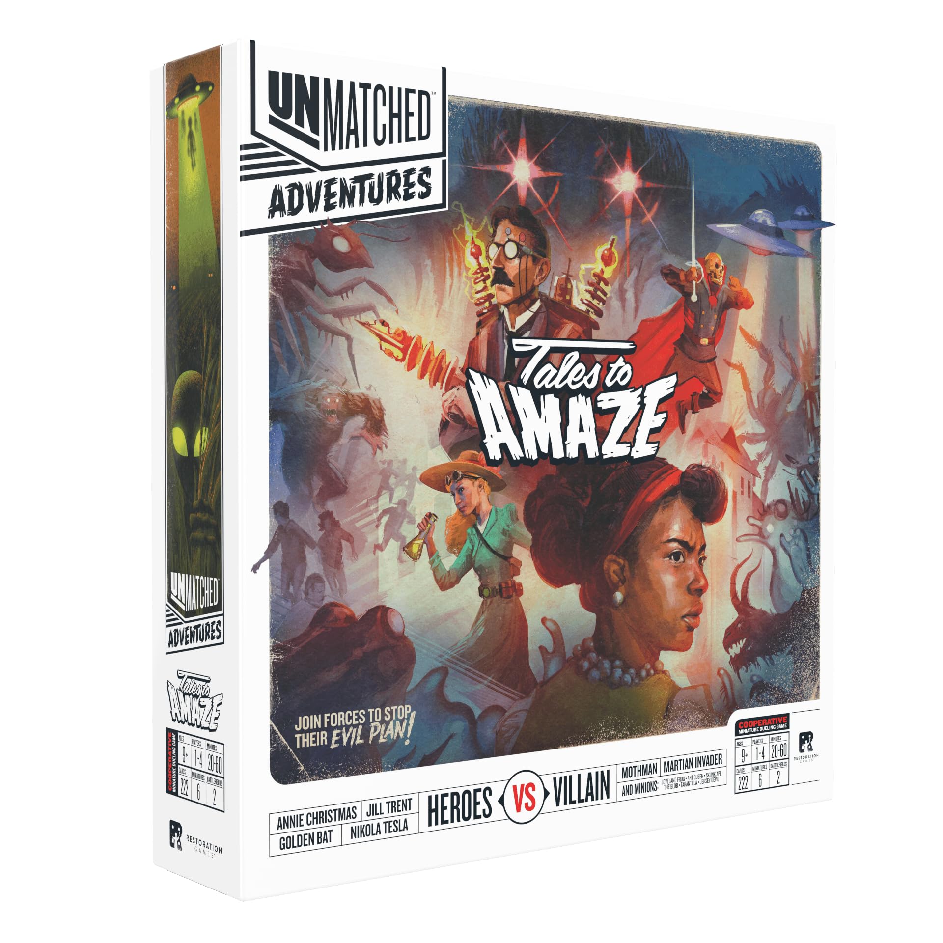 Restoration Games Unmatched Adventures Tales to Amaze - Cooperative Strategy Board Game for 1 to 4 Players - Heroes and Villains with Miniatures - 40-60 Min Playtime - Ages 9+