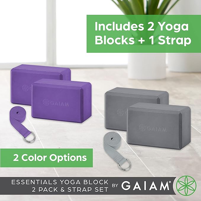 Gaiam Yoga Block - Supportive Latex-Free Eva Foam - Soft Non-Slip Surface with Beveled Edges for Yoga, Pilates, Meditation - Yoga Accessories for Stability, Balance, Deepen Stretches - Grey 2pk/Block/Strap Combo