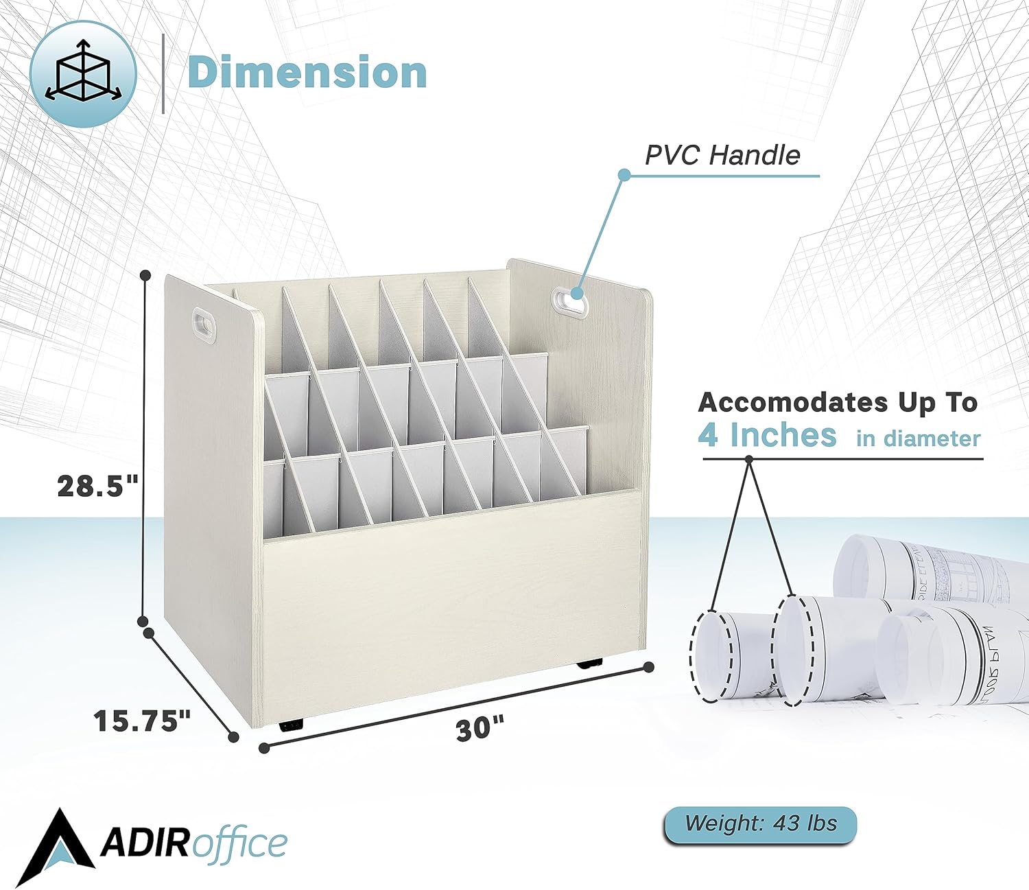 21-Slot Mobile Rolling Wood Blueprint Roll File Large Document Organizer
