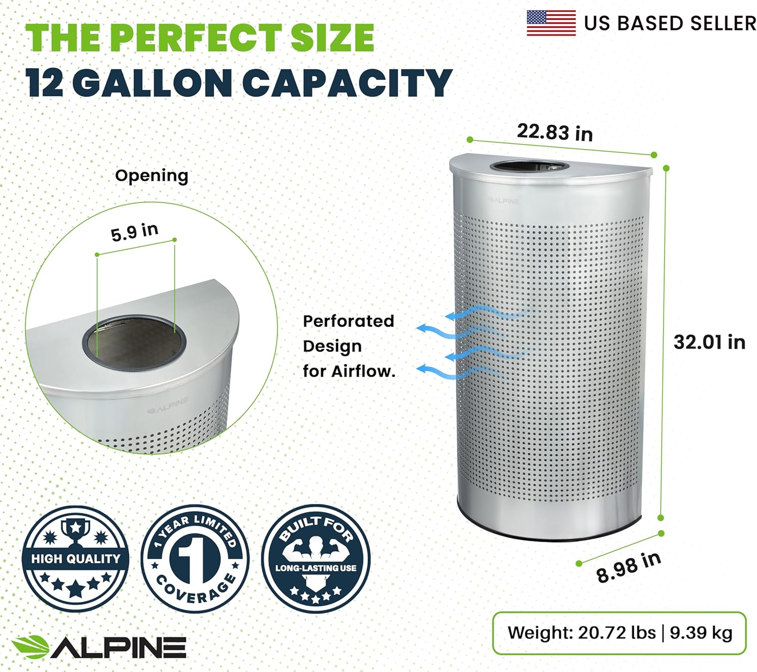 12 Gallon Stainless Steel Perforated Half Round Decorative Waste Receptacle