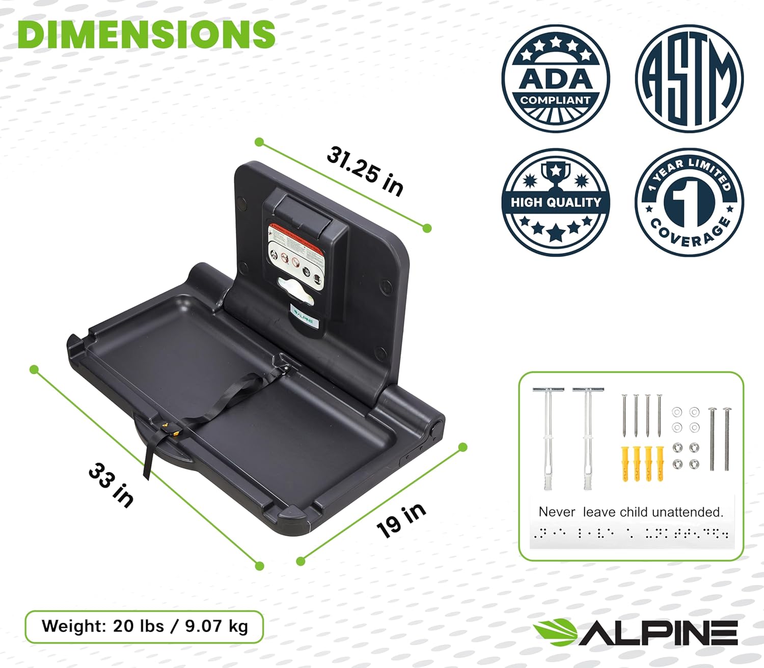 Alpine Industries Black Horizontal Baby Changing Station