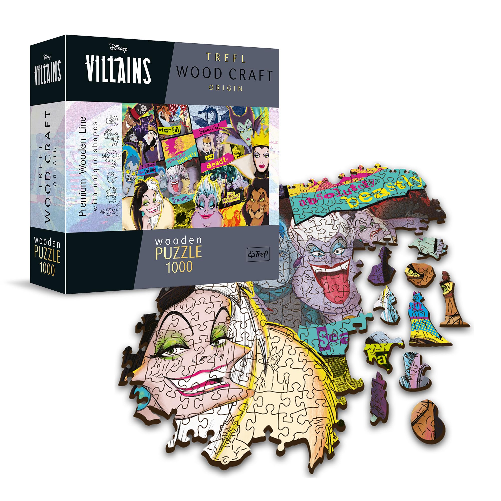 Trefl Disney Wood Craft 1000 Piece Jigsaw Puzzle Villains Reunion 20"x15" Irregular Shapes, 70 Disney Puzzles, Modern Premium Puzzle, for Adults and Children from 14 Years Old