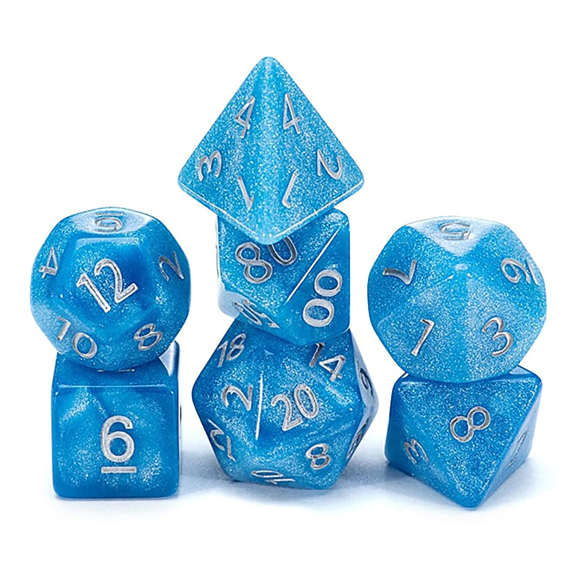 Gate Keeper Games and Dice: Mercurial Dice: Pluto - 7pc Set, Brilliant Blue, Holographic Opaque Glitter Swirl, 7 Resin Dice for Role Playing Games