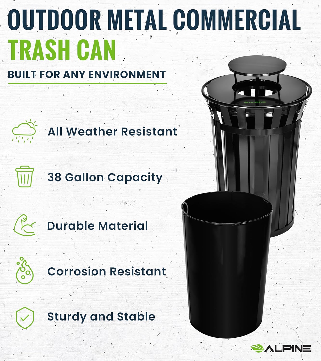 Alpine Industries Outdoor Metal Slatted Trash Receptacle with Rain Bonnet Lid - 38 Gallon Black
