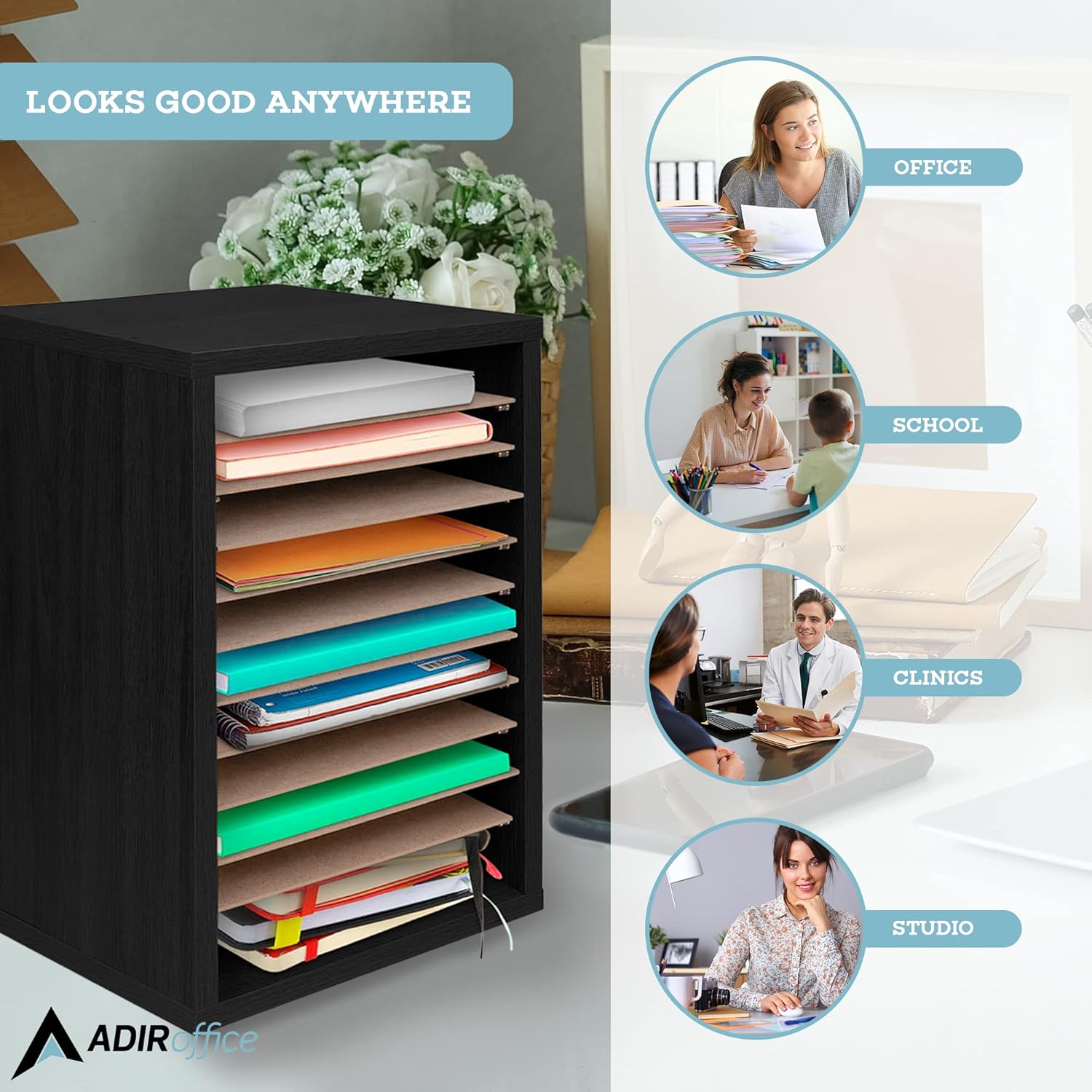 11-Compartment Wood Adjustable Vertical Paper Sorter Literature File Organizer, Black