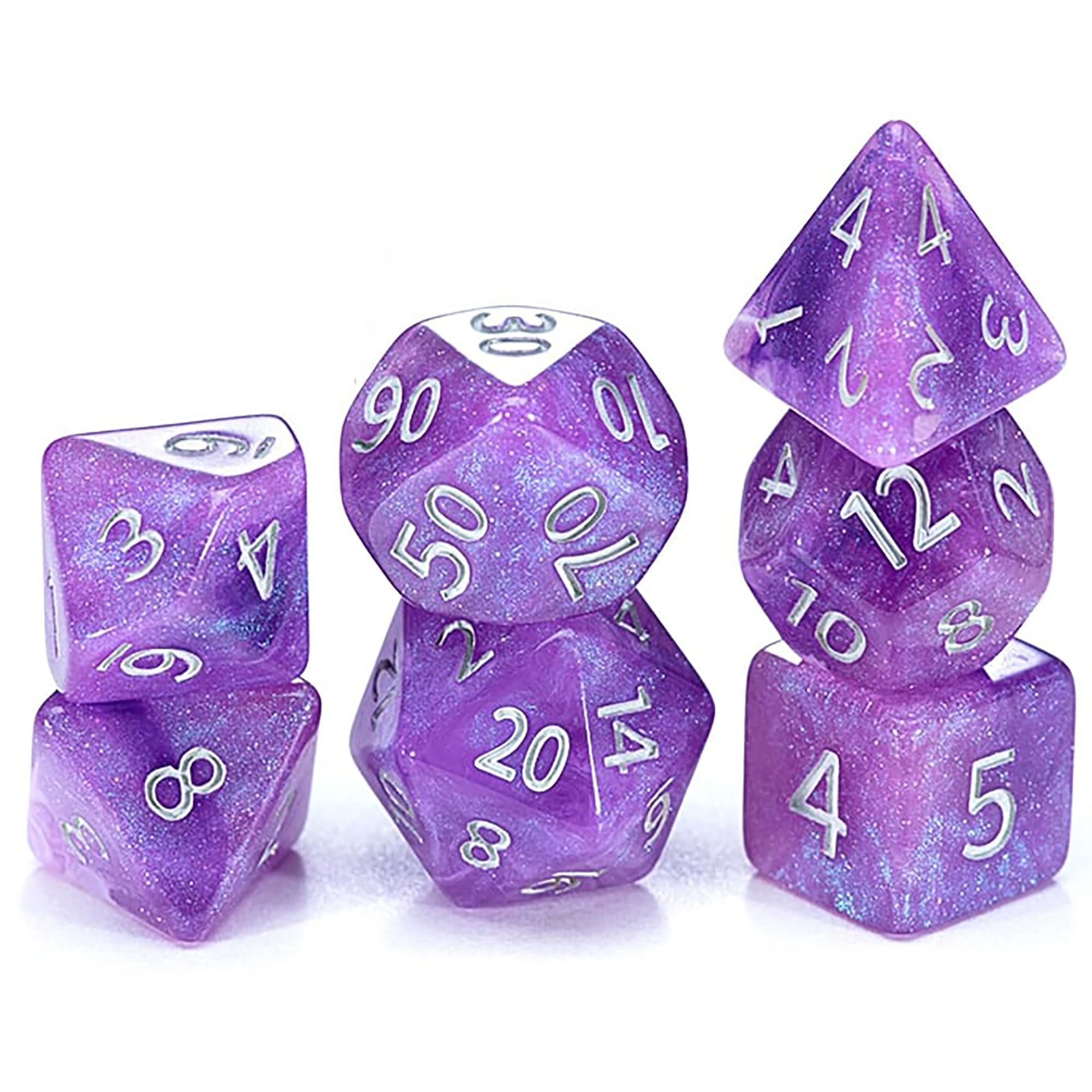 Gate Keeper Games and Dice: Aether Dice: Amethyst - 7pc Set, Purple & White Glitter Swirl, 7 Resin Dice for Role Playing Games