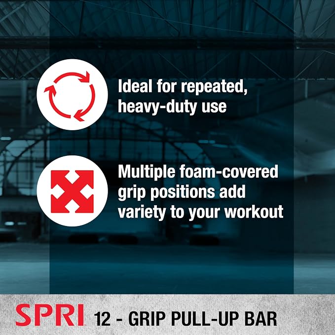 SPRI Pull Up Bar - 12-Grip Door Frame Mounting Pull-Up Bar for Versatile Workouts - Rugged Steel Frame with Foam Handles - Supports 300 Pounds - Fits Door Frames Up to 32 in. Wide – Black