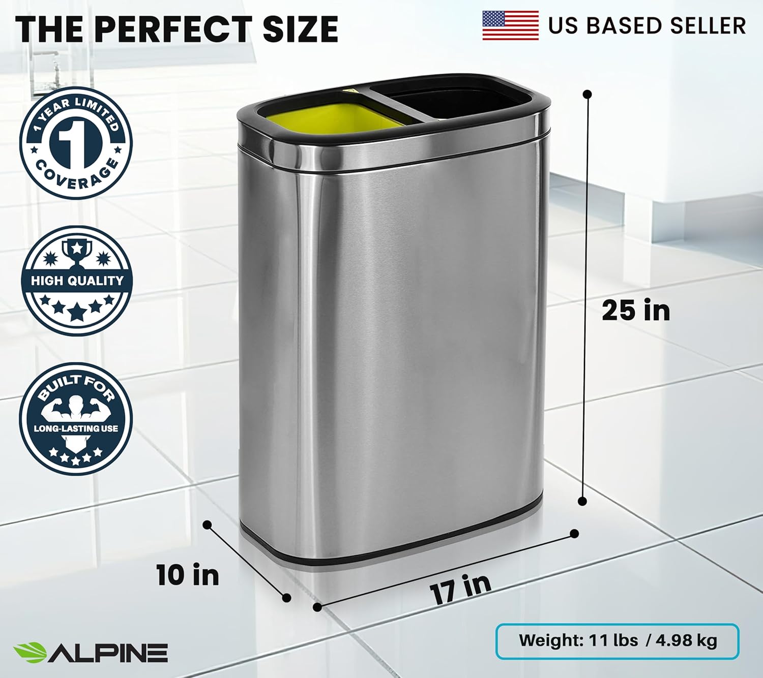 Alpine Industries 40 L / 10.5 Gal Stainless Steel Slim Open Trash Can Dual Compartment, Brushed Stainless Steel