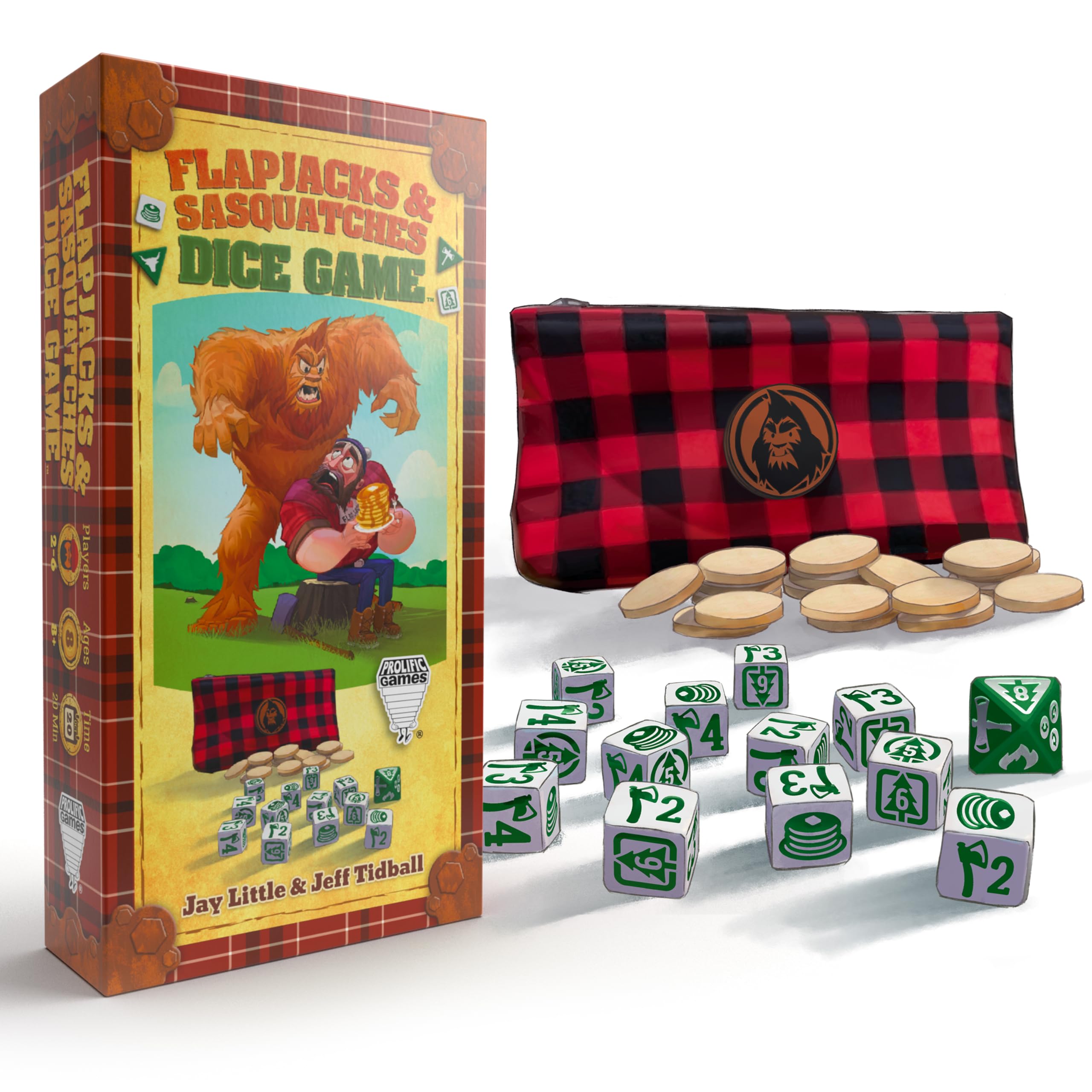 Prolific Games Flapjacks & Sasquatches Lumberjack Dice Game – Quick-Playing in a Zippered Travel Pouch – Great for Camping & Car Trips – Adults, Teens, and Kids – 2 to 6 Players – Ages 8+
