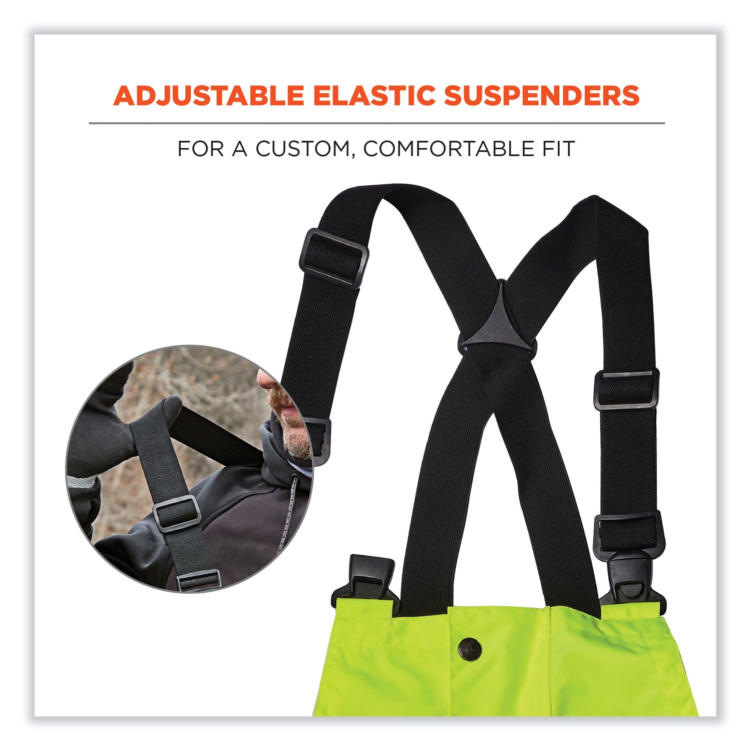 Ergodyne 8918BK Class E Bottom Rain Bibs - Bib Overall - Medium - Lime - 300D Oxford Polyester, Polyurethane
