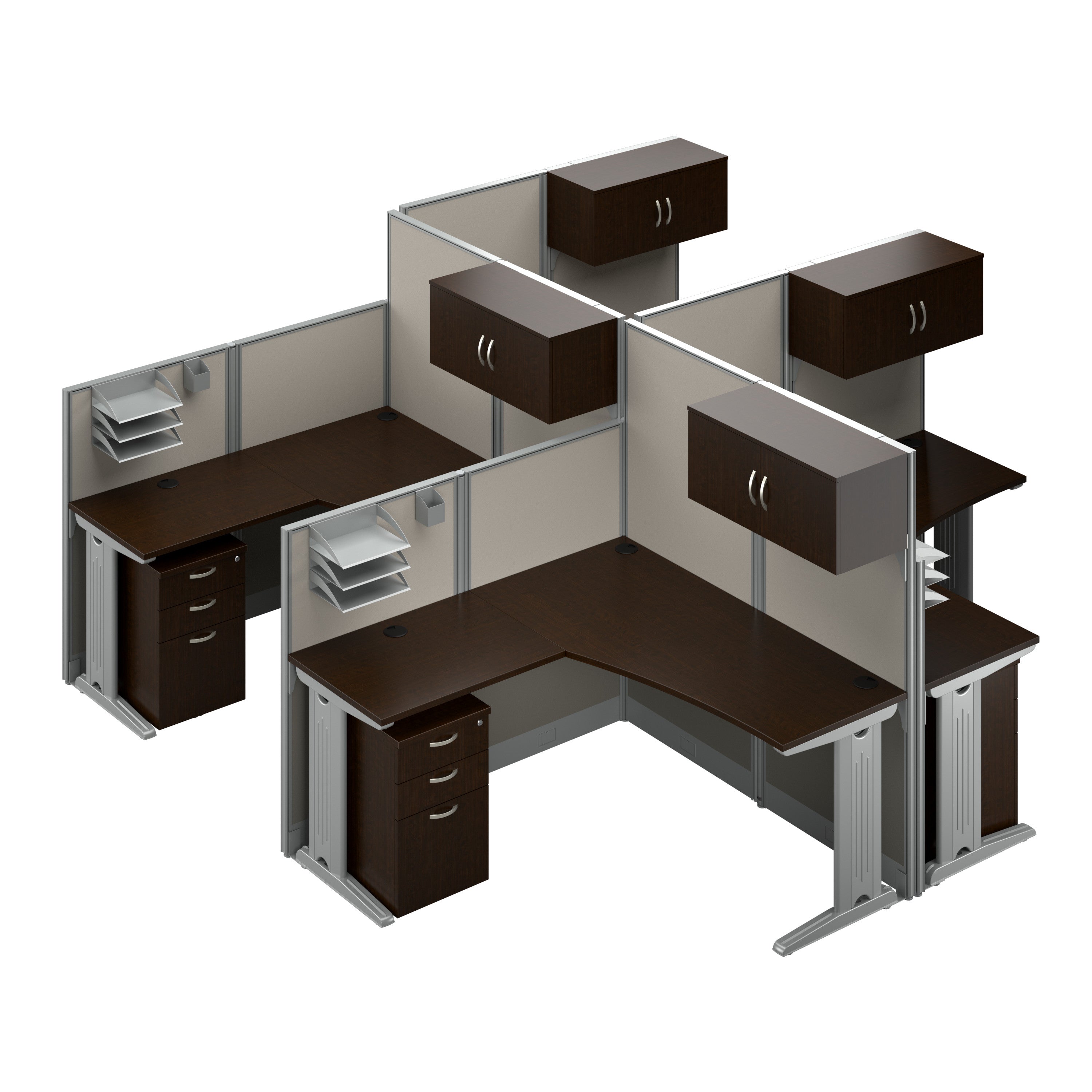 Bush Business Furniture Office in an Hour 4 Person L Shaped Cubicle Desks with Storage, Drawers, and Organizers in Mocha Cherry - 128.98" Width x 128.98" Depth x 62.87" Height