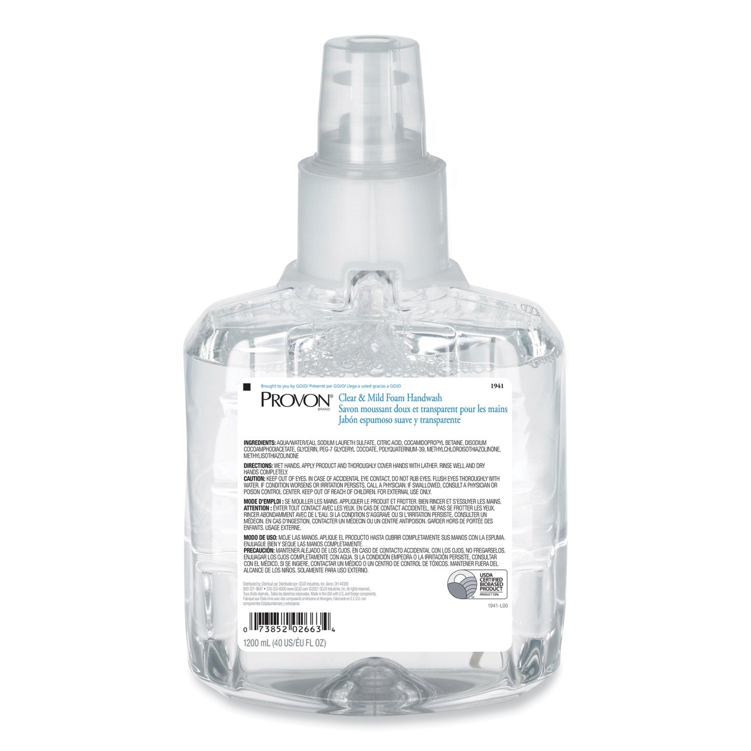 Provon LTX-12 Refill Clear & Mild Foam Handwash, 1.27 Quart, Pump Bottle, Moisturizing, Rich Lather, Fragrance-Free, Dye-Free, 1 Each