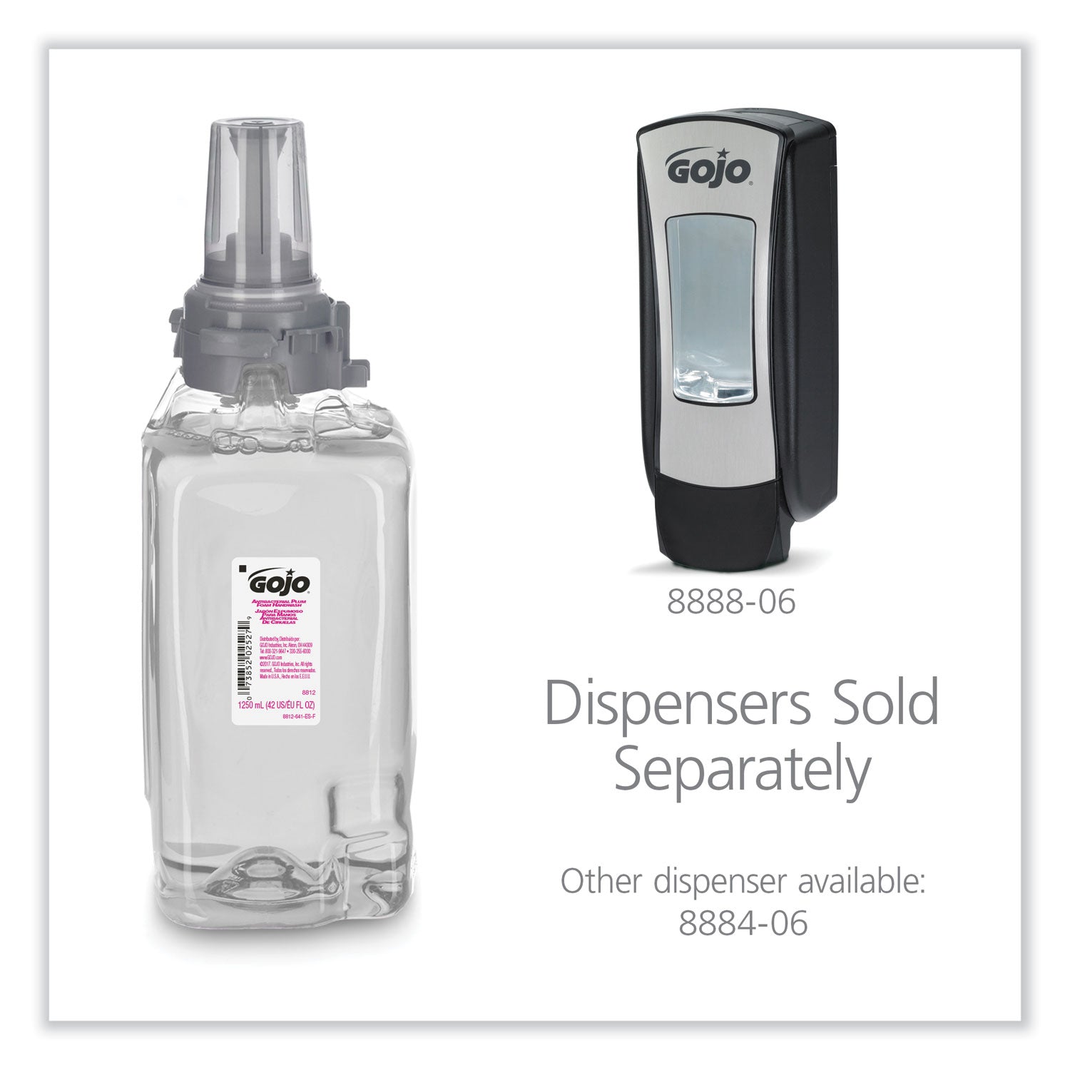 Gojo Antibacterial Handwash ADX-12 Dispenser Refill, Plum Scent, 1.32 Quart, Clear, Rich Lather, Moisturizing, Antibacterial, Push Pump, 3 per Carton