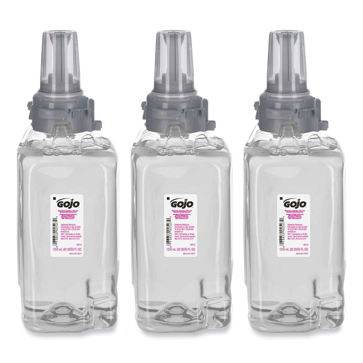 Gojo Antibacterial Handwash ADX-12 Dispenser Refill, Plum Scent, 1.32 Quart, Clear, Rich Lather, Moisturizing, Antibacterial, Push Pump, 3 per Carton