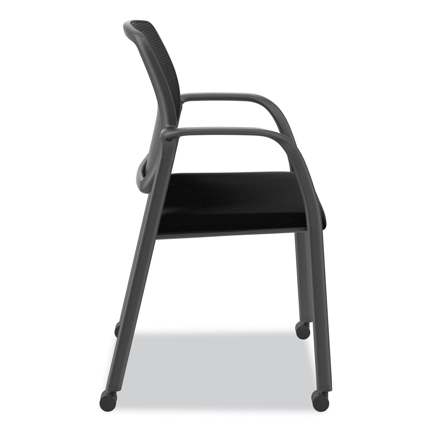 HON Nucleus Guest Chair, Black Fabric Seat, Black Mesh Back, Four-Legged Base, Arched Armrests, Modern Style, 1 Each
