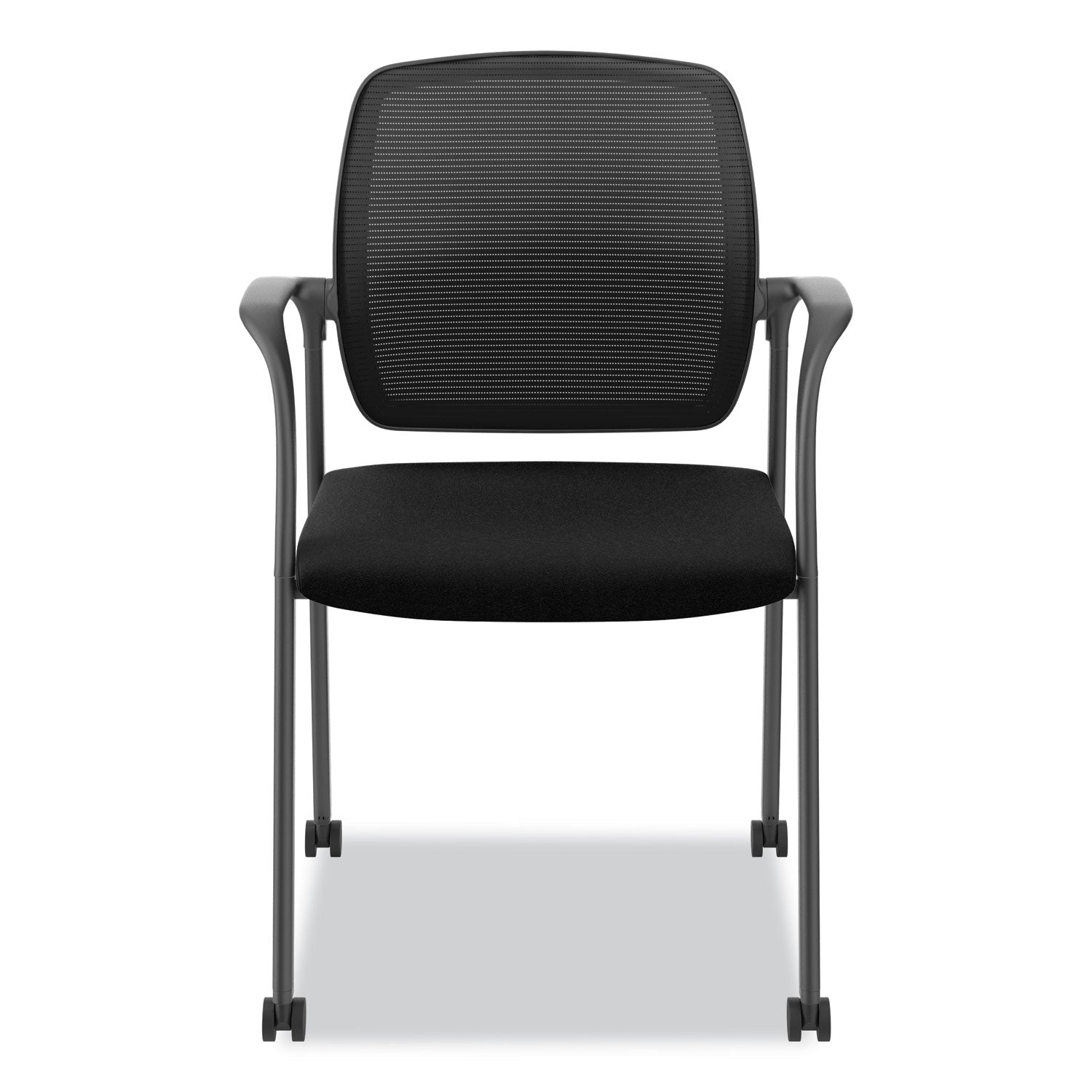 HON Nucleus Guest Chair, Black Fabric Seat, Black Mesh Back, Four-Legged Base, Arched Armrests, Modern Style, 1 Each
