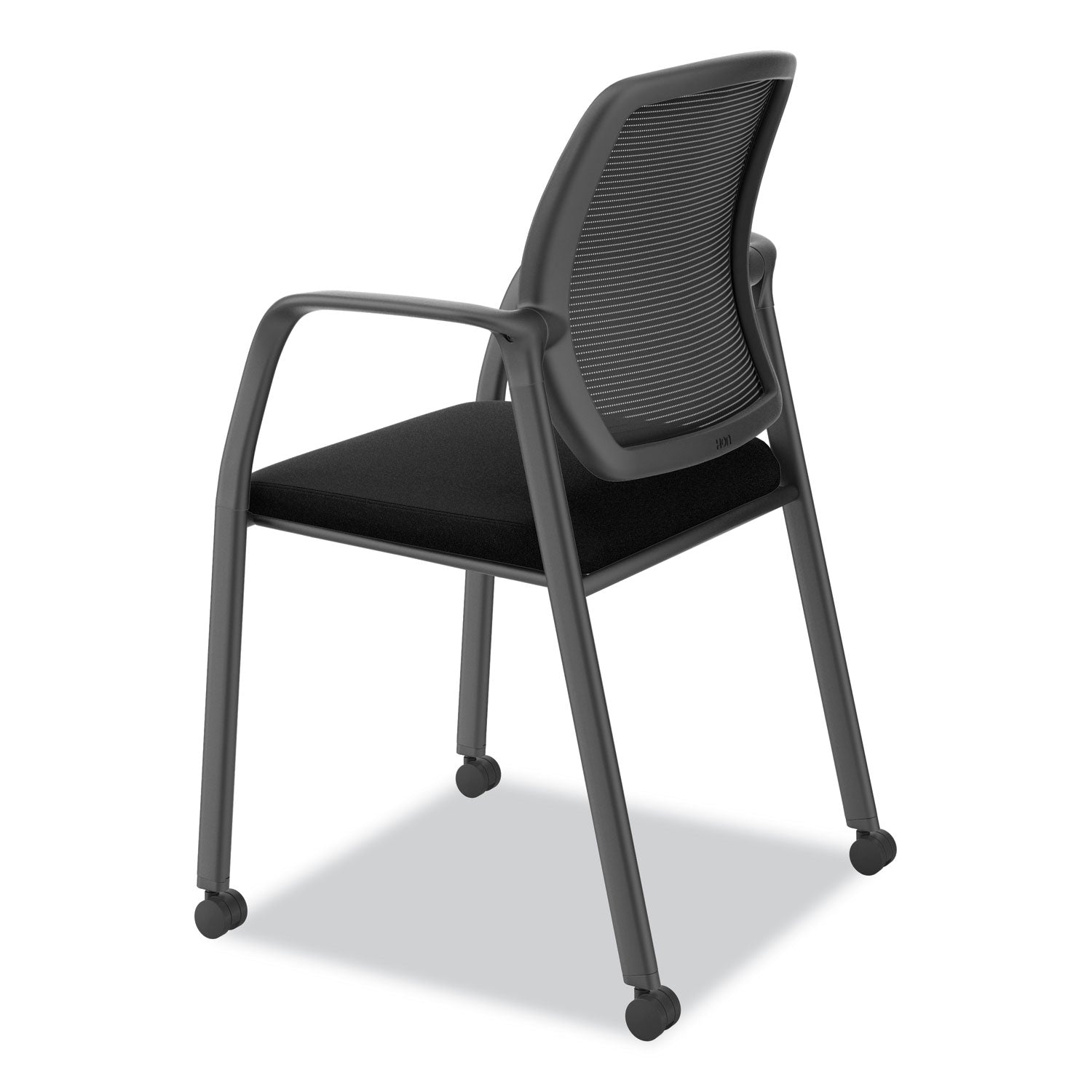 HON Nucleus Guest Chair, Black Fabric Seat, Black Mesh Back, Four-Legged Base, Arched Armrests, Modern Style, 1 Each