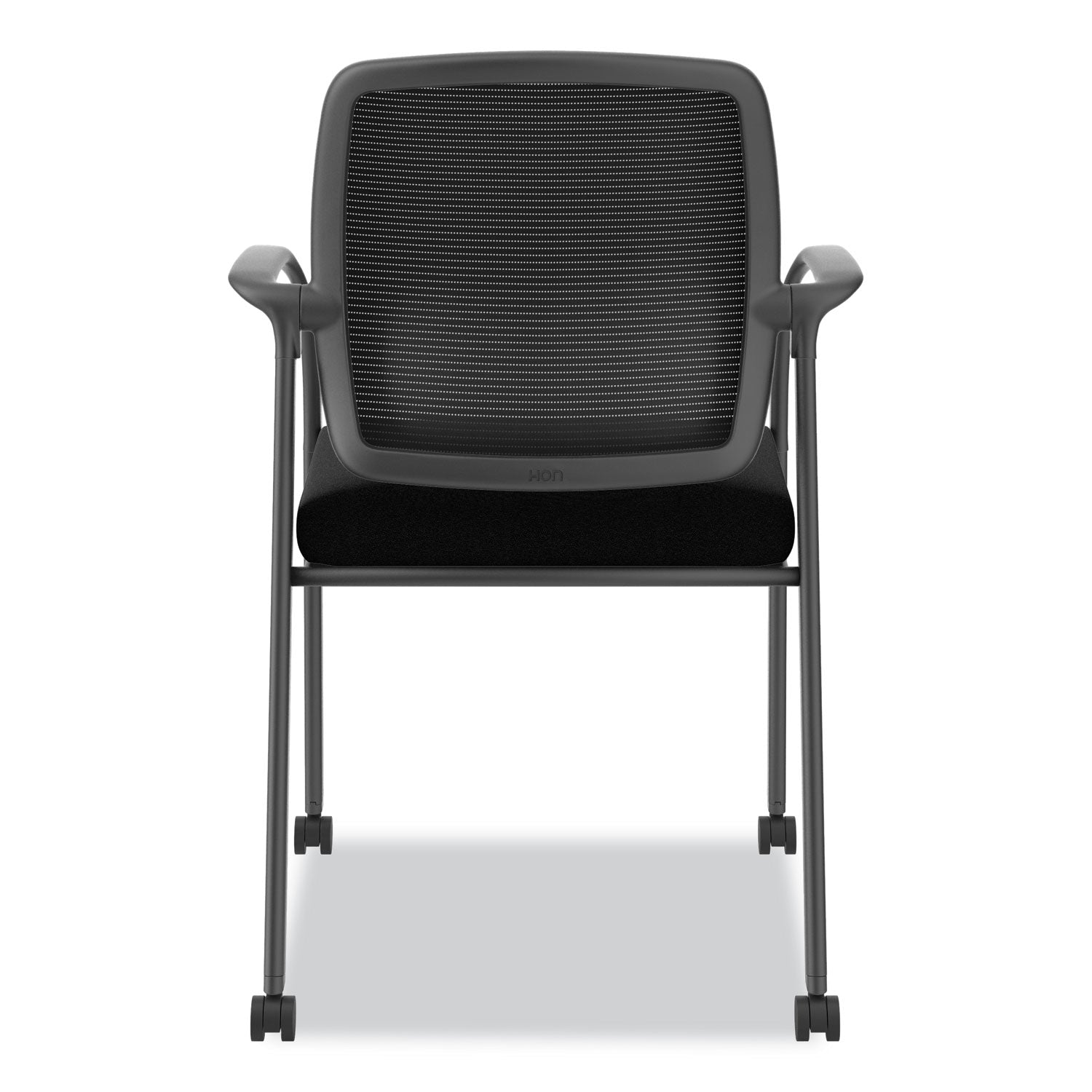 HON Nucleus Guest Chair, Black Fabric Seat, Black Mesh Back, Four-Legged Base, Arched Armrests, Modern Style, 1 Each