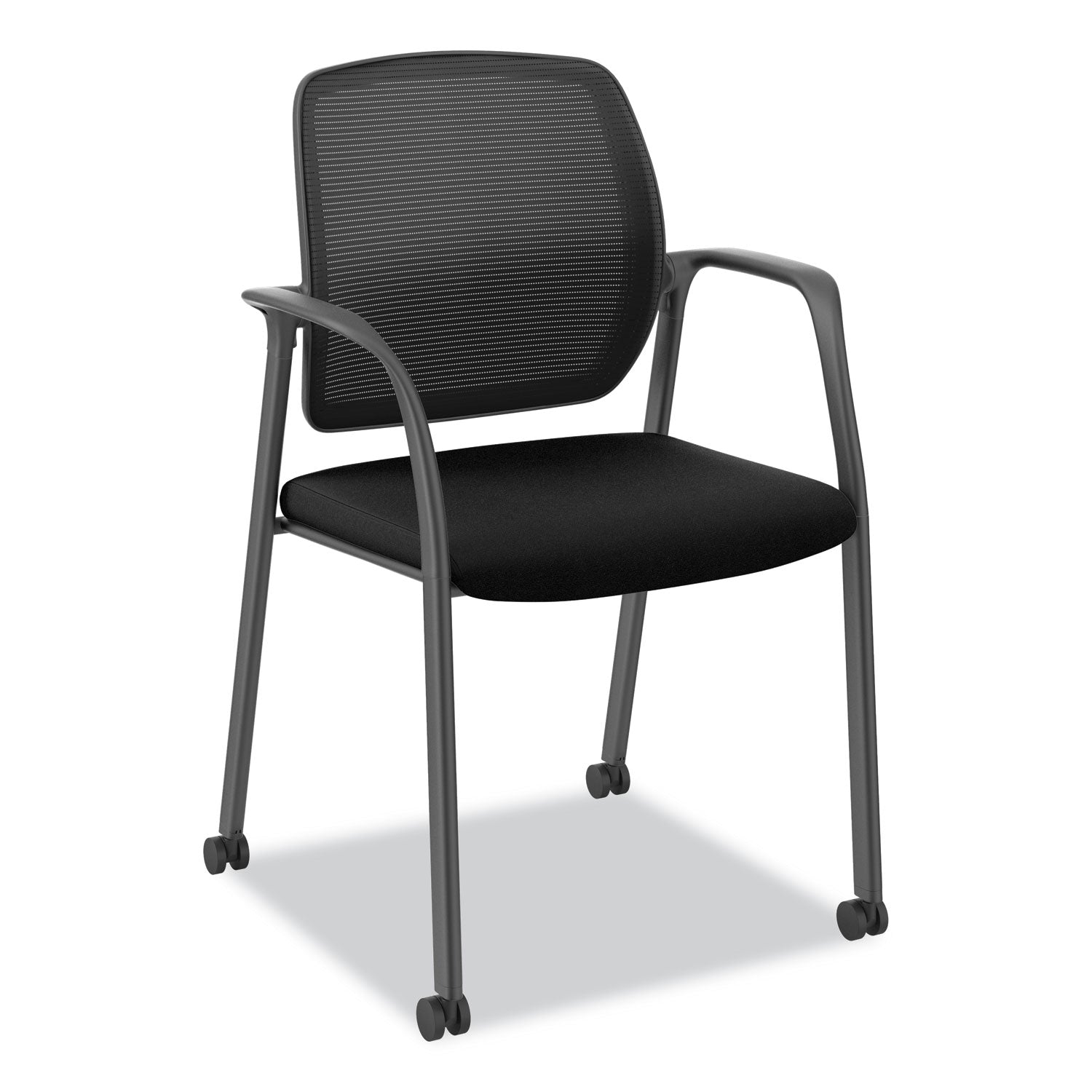 HON Nucleus Guest Chair, Black Fabric Seat, Black Mesh Back, Four-Legged Base, Arched Armrests, Modern Style, 1 Each