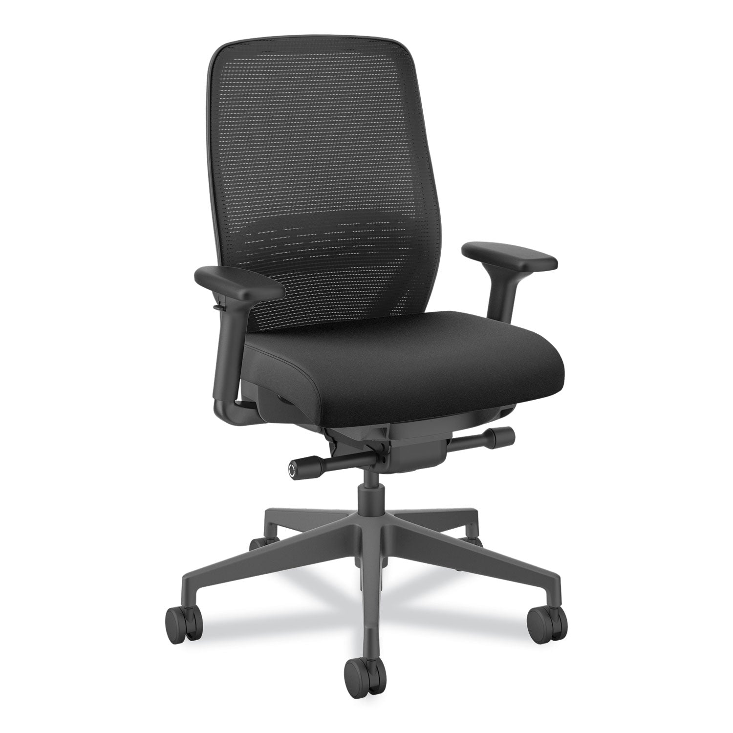 HON Nucleus Task Chair KD, Black Fabric Seat, Black Mesh Back, Black Frame, Adjustable Armrests, Ergonomic Design, 1 Each