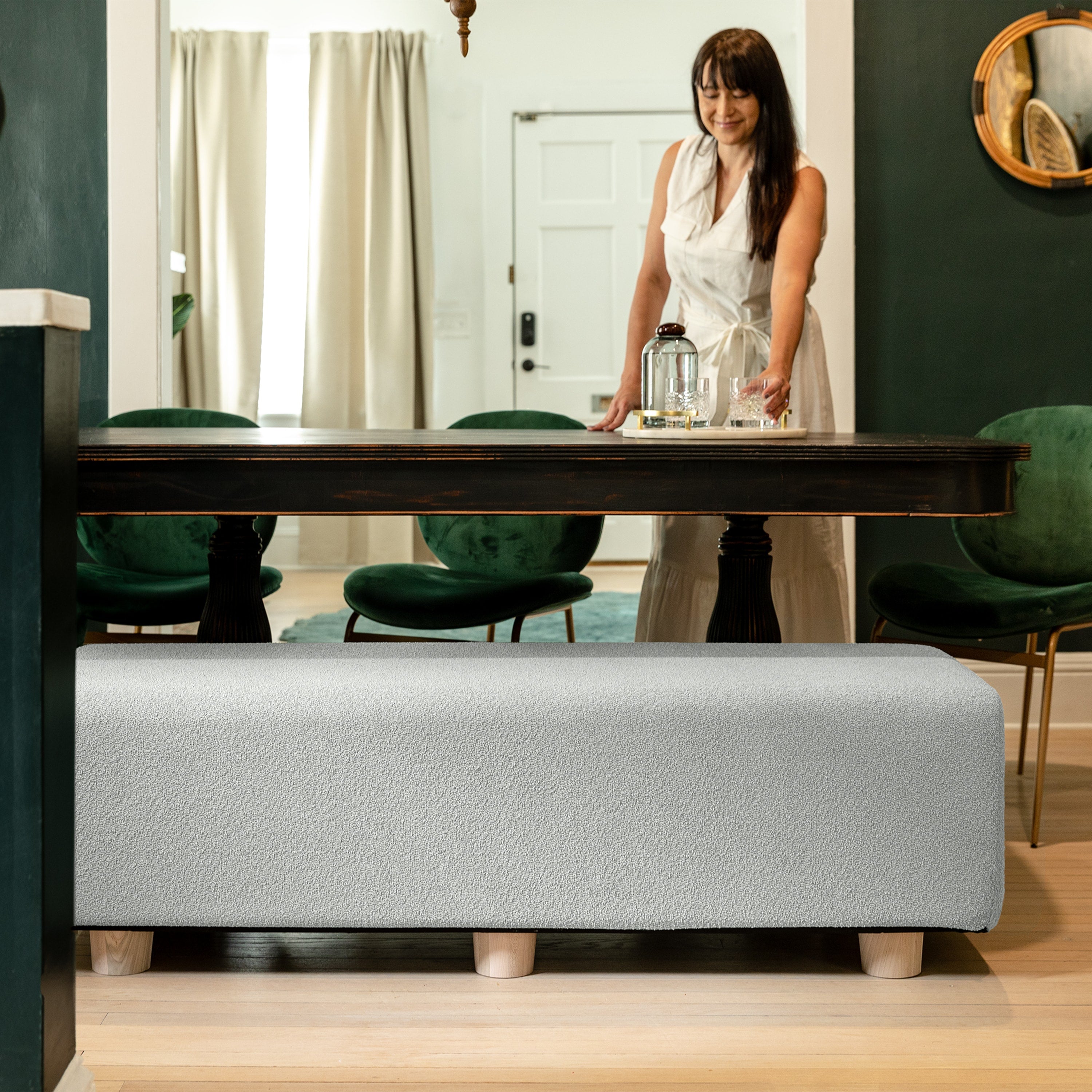 Jaxx Caya 4-in-1 Large Bed Bench, Giant Ottoman, Dining Bench, and Yoga and Massage Platform, Queen, Boucle Silver
