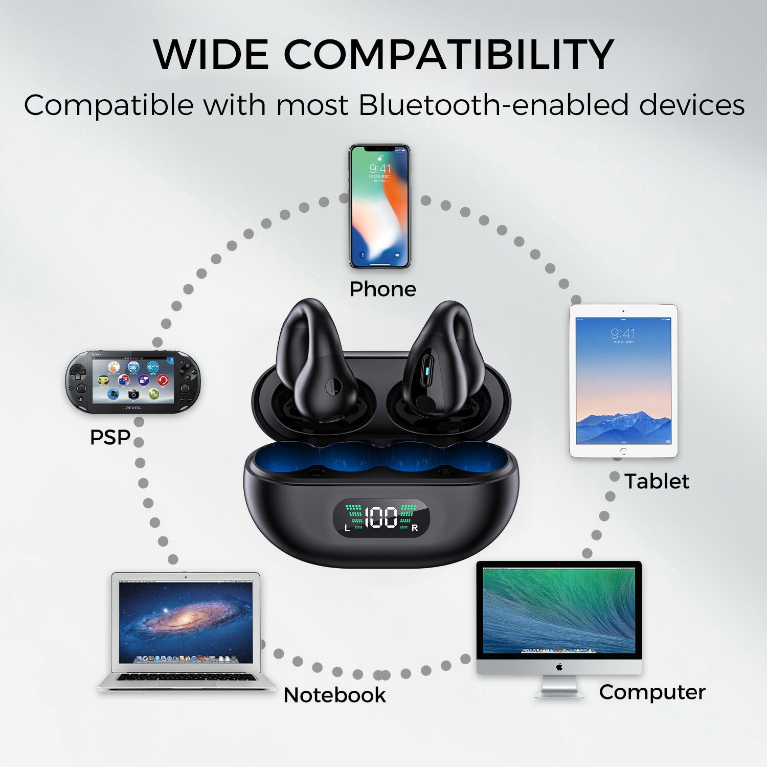 Wireless Ear Clip Bone Conduction Earbuds, Black