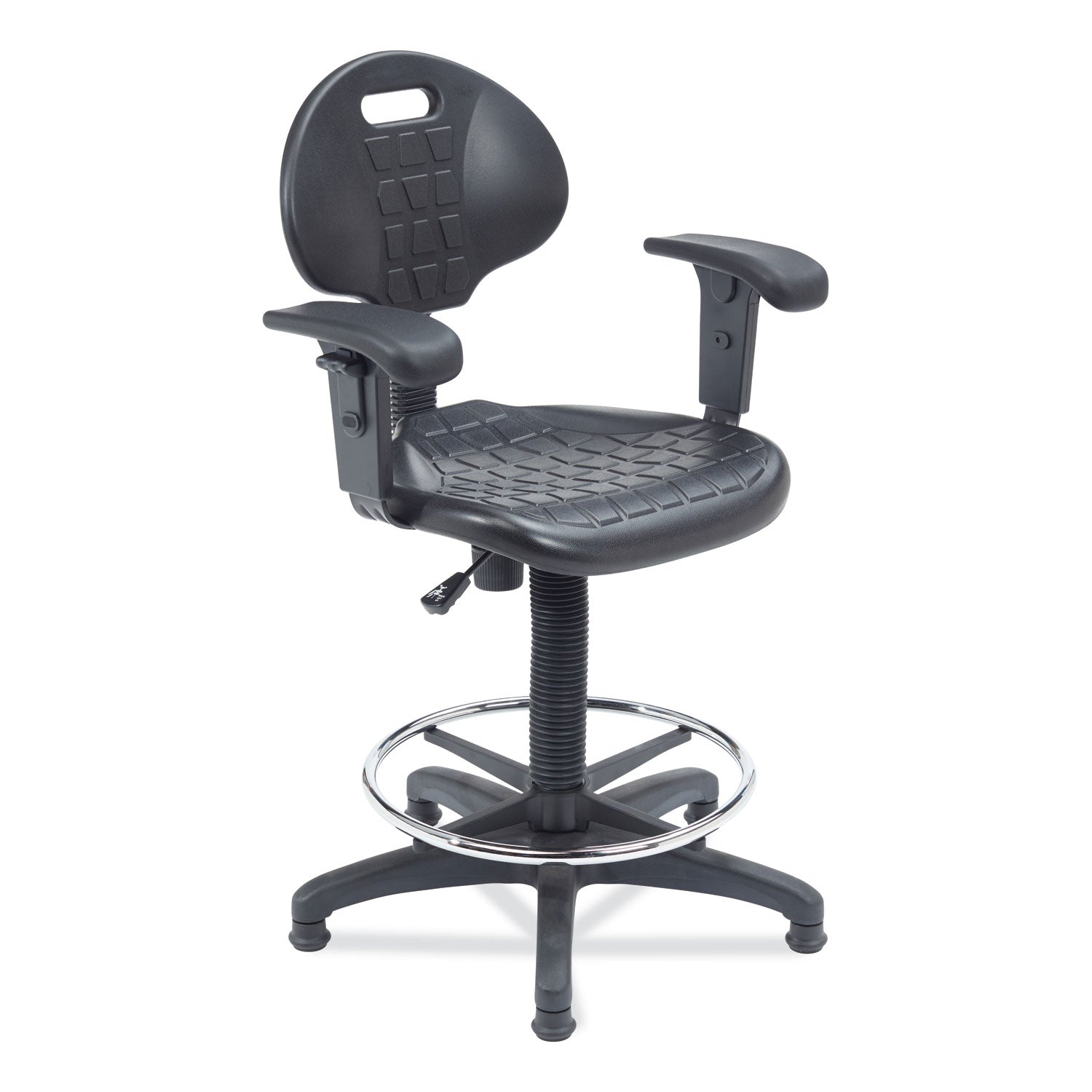 NPS® Polyurethane Task Stool with Arms, 22"-32" Height, Surface Color: Black, Frame Color: Black