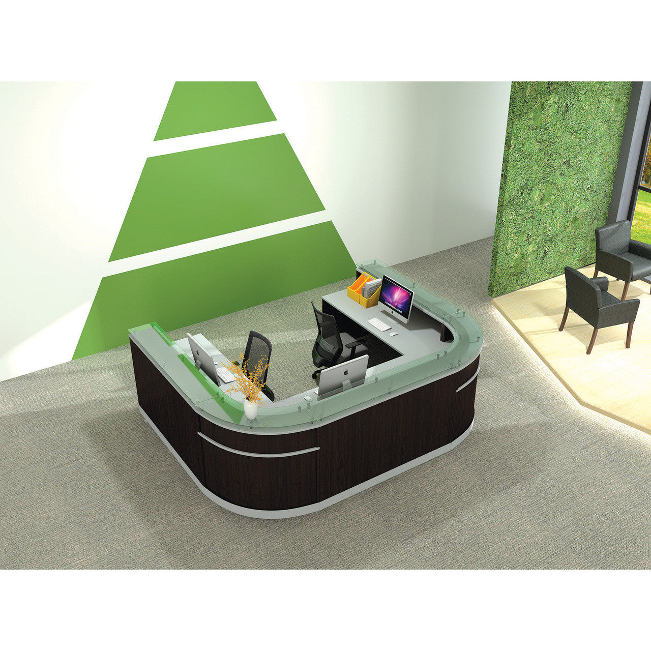 OfficeSource Cosmo Reception Typical - 111"W x 79.5''D x 41''H - Cordova Brown