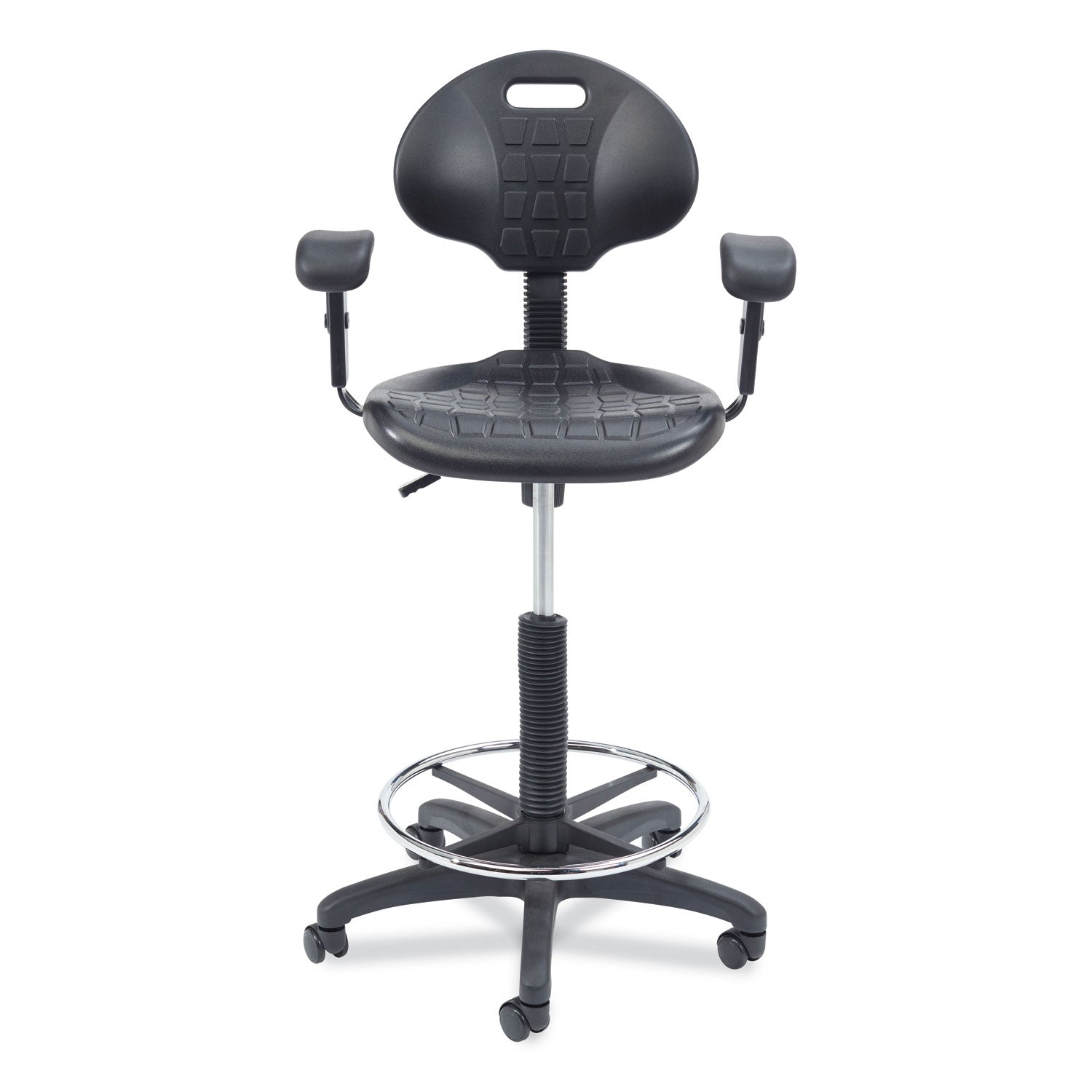 NPS® Polyurethane Task Stool with Arms, 22"-32" Height, Surface Color: Black, Frame Color: Black