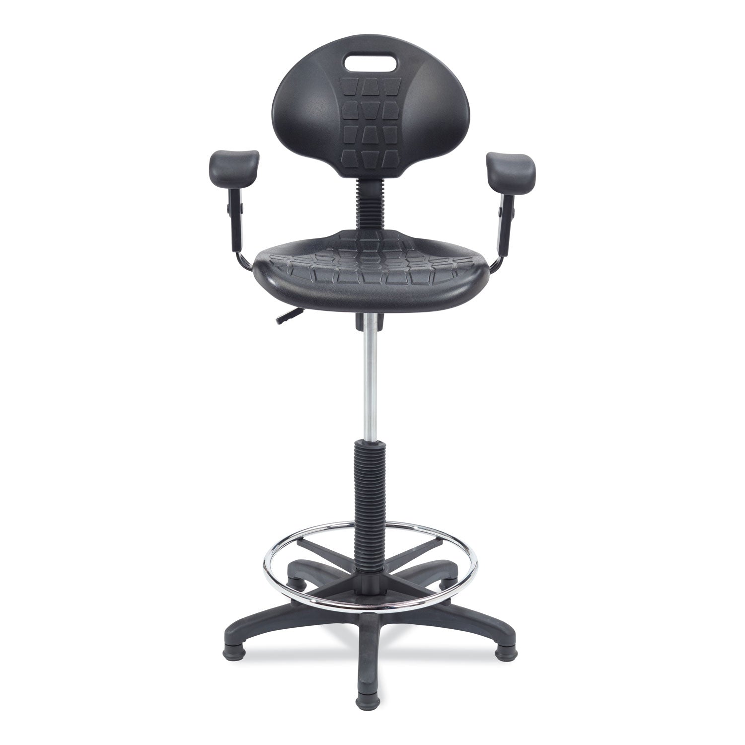 NPS® Polyurethane Task Stool with Arms, 22"-32" Height, Surface Color: Black, Frame Color: Black