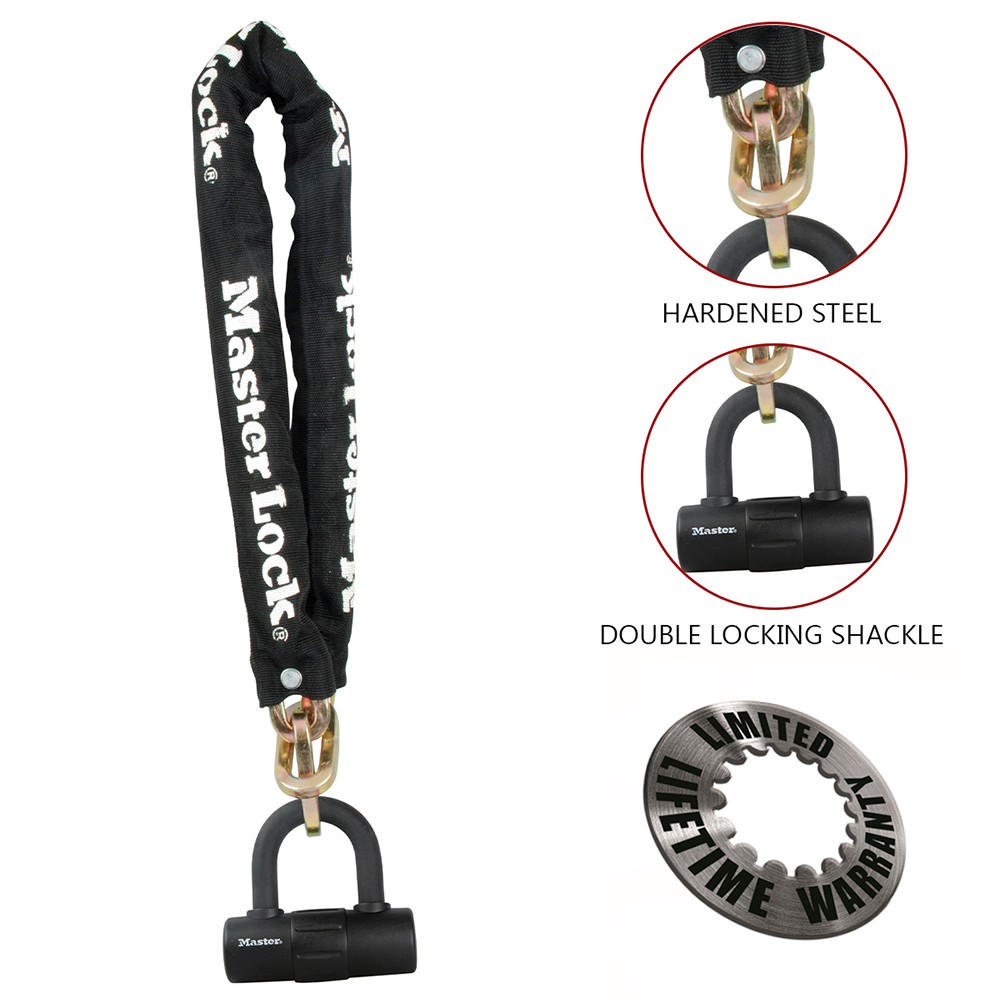 3ft (90cm) Bike Lock Chain with 10mm Diameter Hardened Steel Links; 3-1/2in x 14mm Mini U-Lock