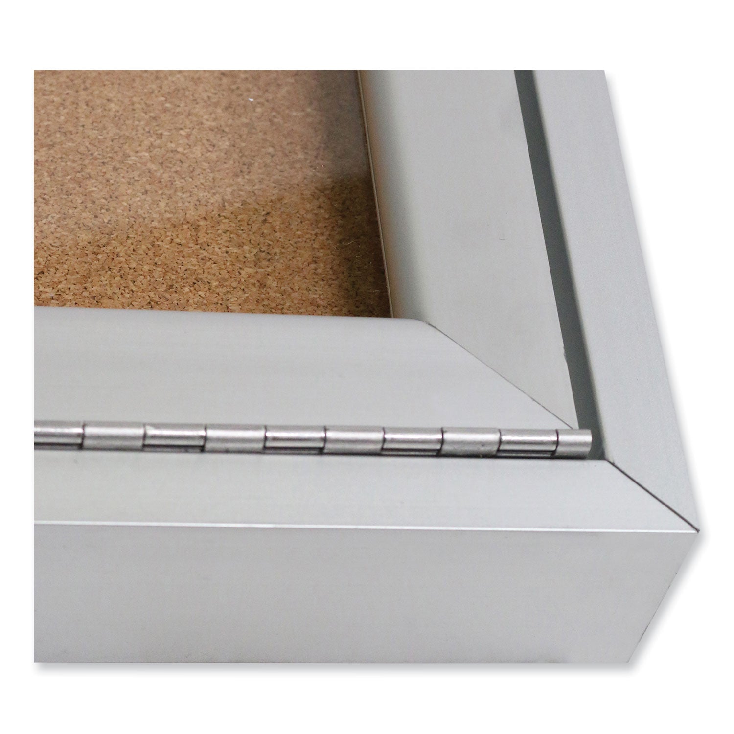 1 Door Enclosed Natural Cork Bulletin Board with Satin Frame, 36" x 36", Tan Surface, Satin Aluminum Frame