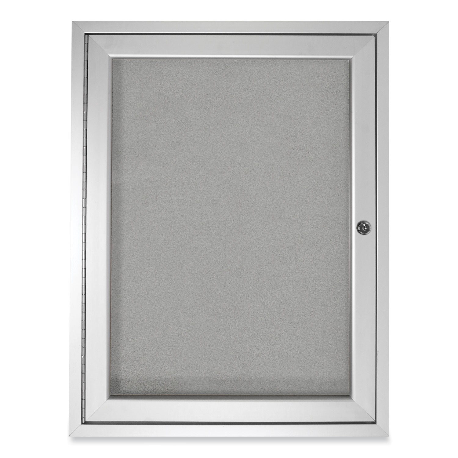 1 Door Enclosed Vinyl Bulletin Board with Satin Frame, 36" x 36", Silver Surface, Satin Aluminum Frame