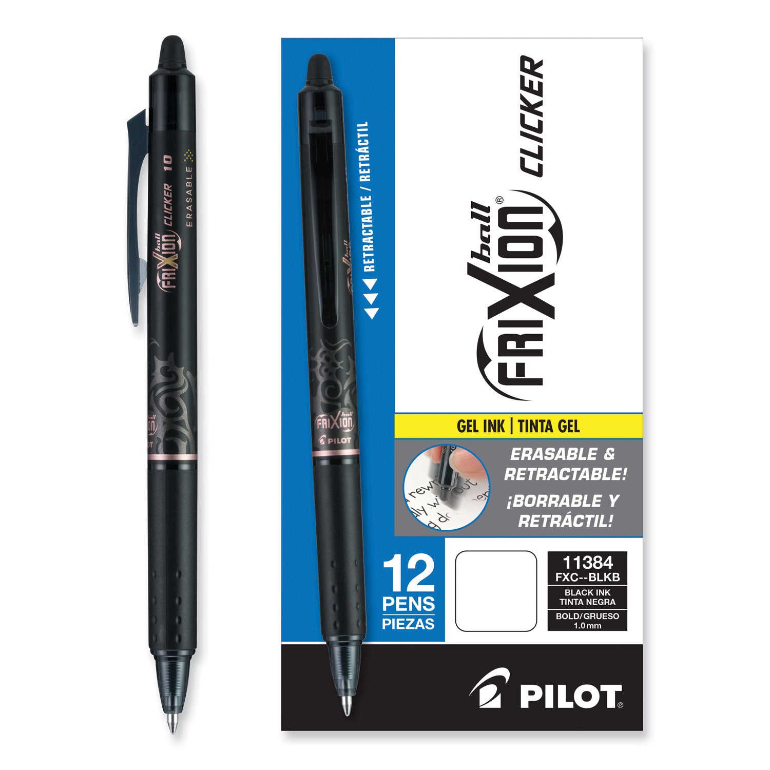 Pilot Erasable & Retractable Gel Pen - 1 mm Bold Pen Point - Refillable - Retractable - Erasable - Black Ink - Gel-based - Writing, Document - 1 Dozen