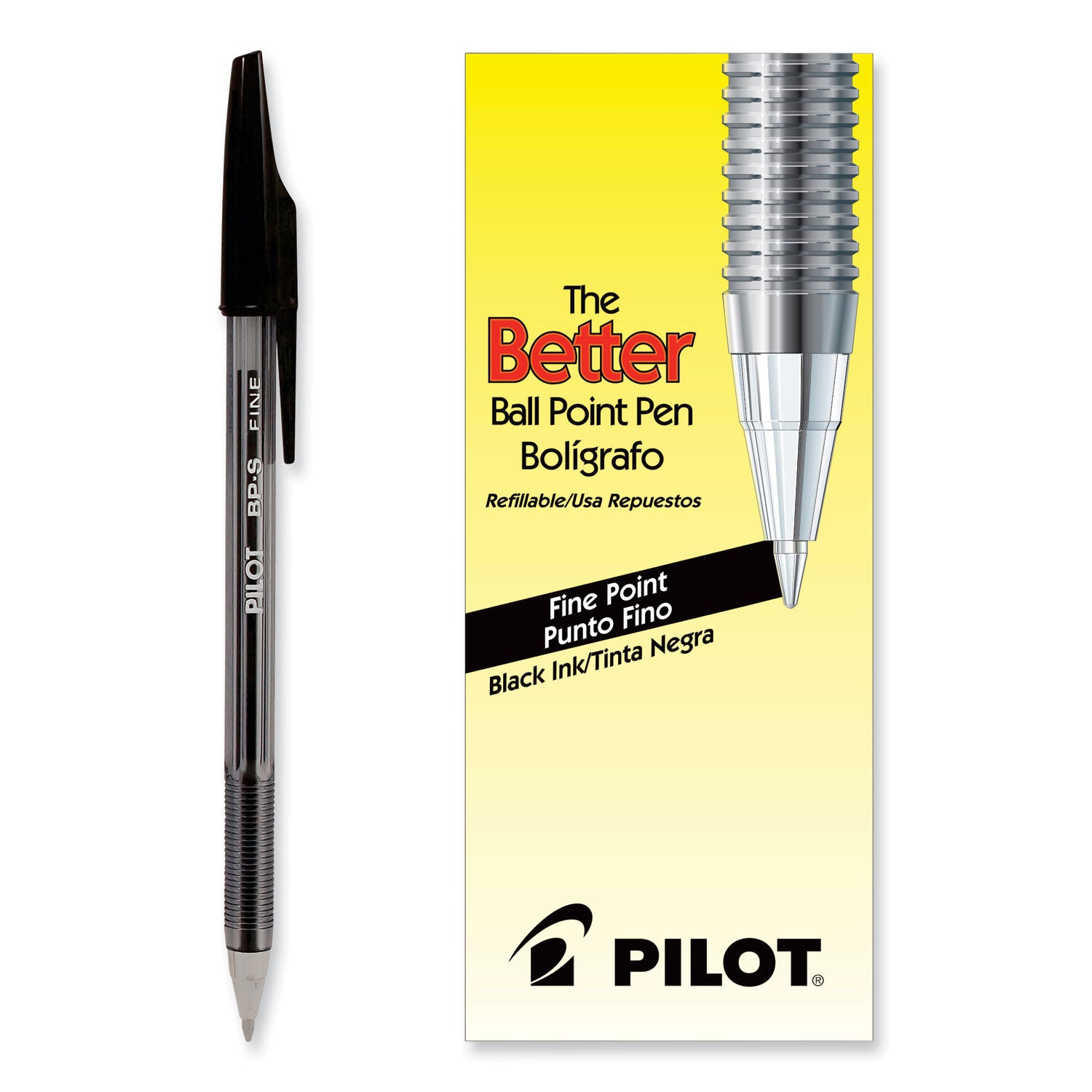 Pilot Better BP-S Ball Stick Pens - 0.7 mm Fine Pen Point - Refillable - Black Ink - Crystal, Clear Barrel - Stainless Steel Tip - 1 Dozen