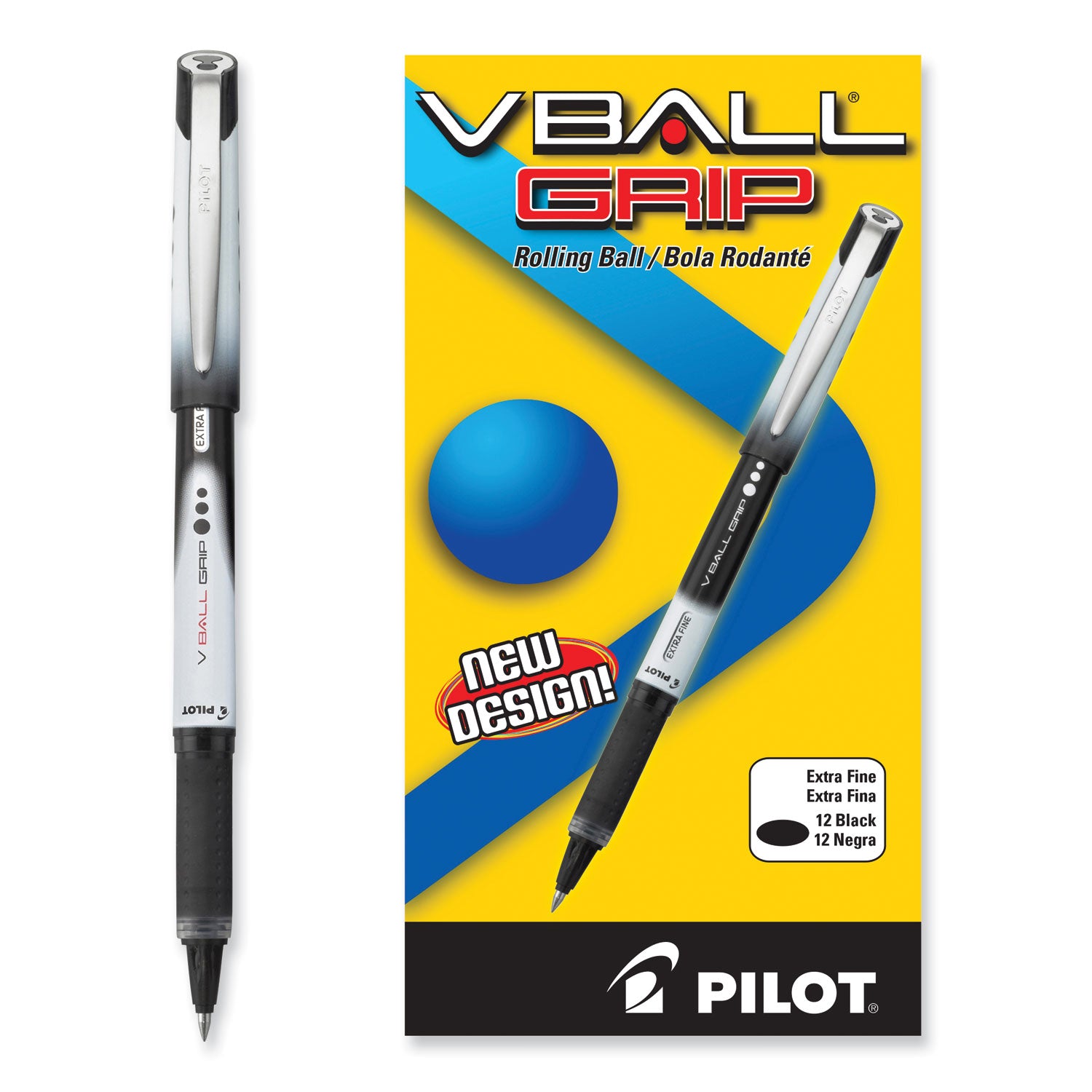 Pilot Vball Grip Liquid Ink Rollerball Pens - 0.5 mm Fine Pen Point - Black Ink - Metal Barrel - 1 Dozen
