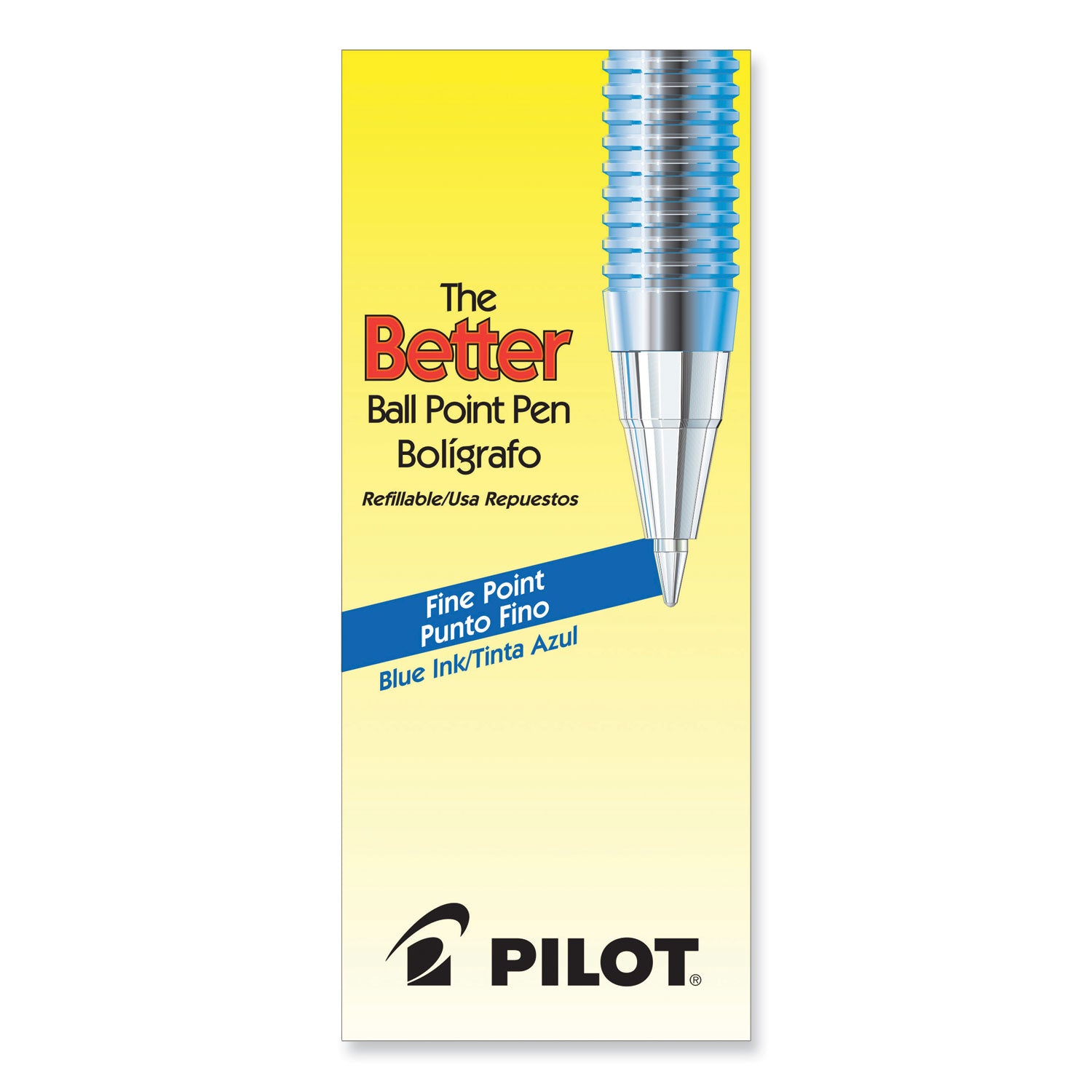 Pilot Better BP-S Ball Stick Pens - 0.7 mm Fine Pen Point - Refillable - Blue Ink - Crystal, Clear Barrel - Stainless Steel Tip - 1 Dozen