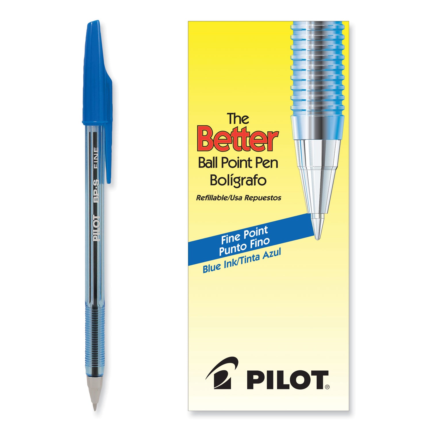 Pilot Better BP-S Ball Stick Pens - 0.7 mm Fine Pen Point - Refillable - Blue Ink - Crystal, Clear Barrel - Stainless Steel Tip - 1 Dozen
