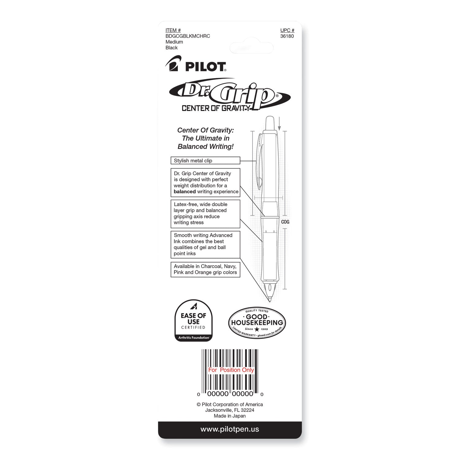 Pilot Dr. Grip Center of Gravity Retractable Ballpoint Pens - 1 mm Medium Pen Point - Refillable - Retractable - Black Ink - Clear Barrel - 1 Each