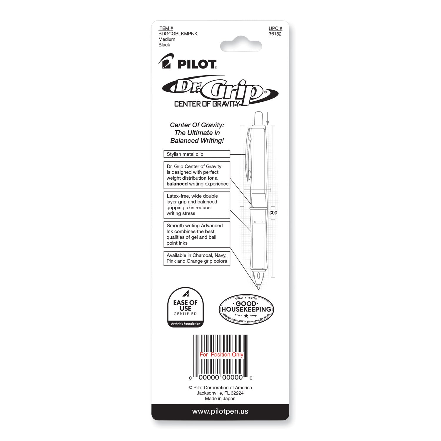 Pilot Dr. Grip Center of Gravity Retractable Ballpoint Pens - 1 mm Medium Pen Point - Refillable - Retractable - Black Ink - Pink Barrel - 1 Each