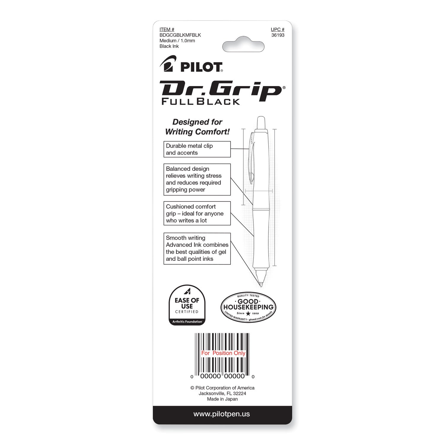 Pilot Dr. Grip Center of Gravity Retractable Ballpoint Pens - 1 mm Medium Rectangle Pen Point - Refillable - Retractable - Black Ink - Black Barrel - 1 Each