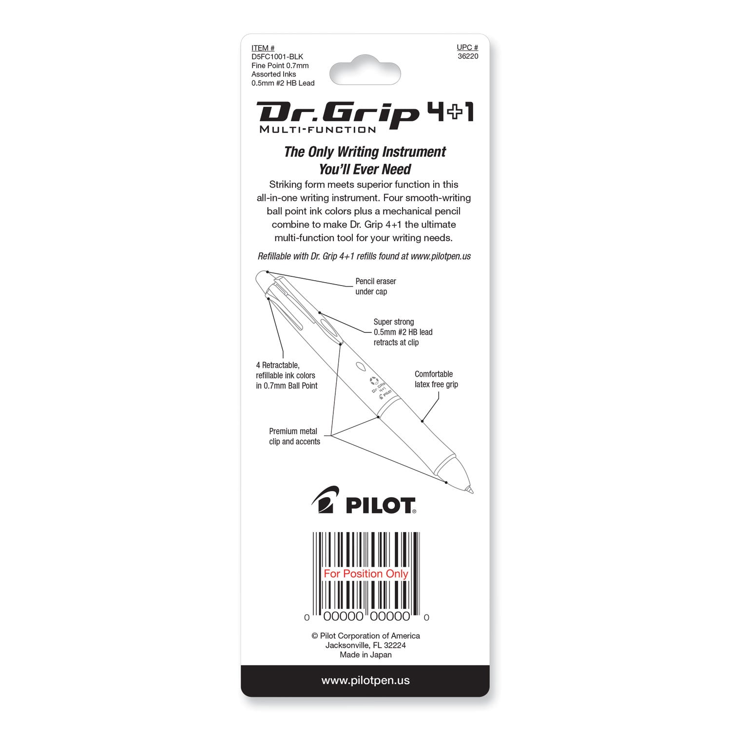 Fine Pen Point - 0.7 mm Pen Point Size - 2HB Pencil Grade - 0.5 mm Lead Size - Refillable - Black, Blue, Red, Green Ink - Black Barrel - Retractable - Smooth Writing, Quick-drying Ink, Break Resistant, Eraser - 1 Each