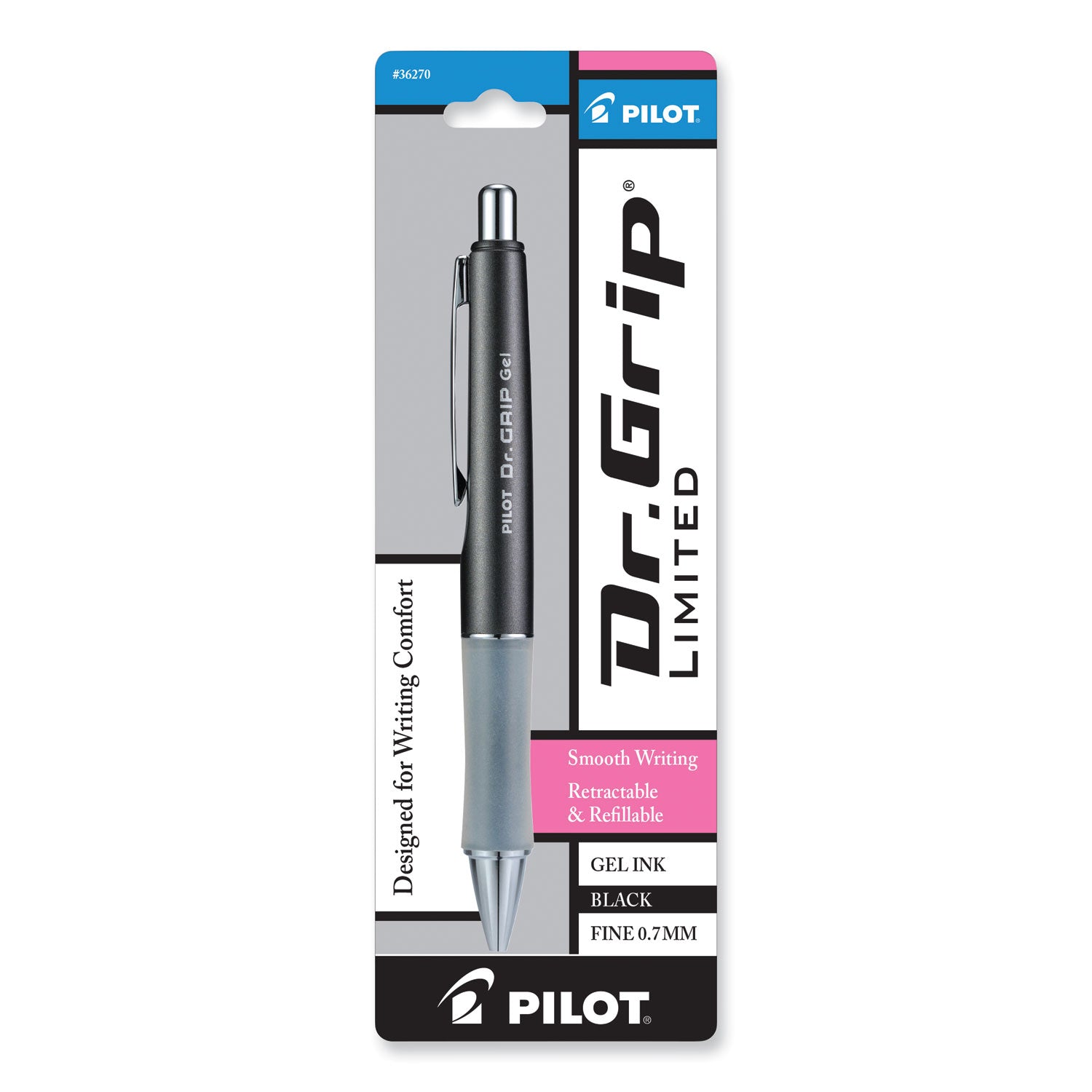 Pilot Dr. Grip Retractable Gel Rollerball Pens - 0.7 mm Fine Pen Point - Refillable - Retractable - Black Ink - Gel-based - Charcoal Gray Barrel - 1 Each