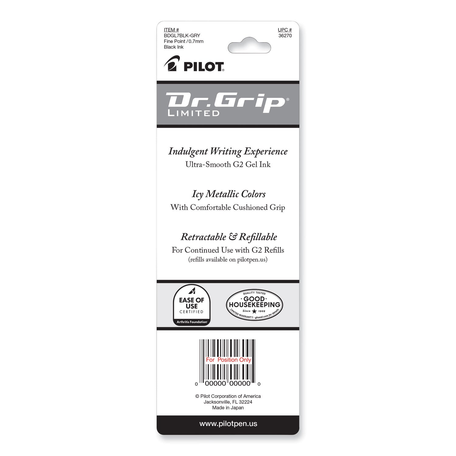 Pilot Dr. Grip Retractable Gel Rollerball Pens - 0.7 mm Fine Pen Point - Refillable - Retractable - Black Ink - Gel-based - Charcoal Gray Barrel - 1 Each